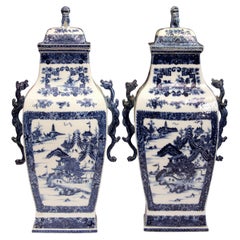 Pair Antique Chinese Export 18th Century Porcelain Vases Urns Blue & White 22"
