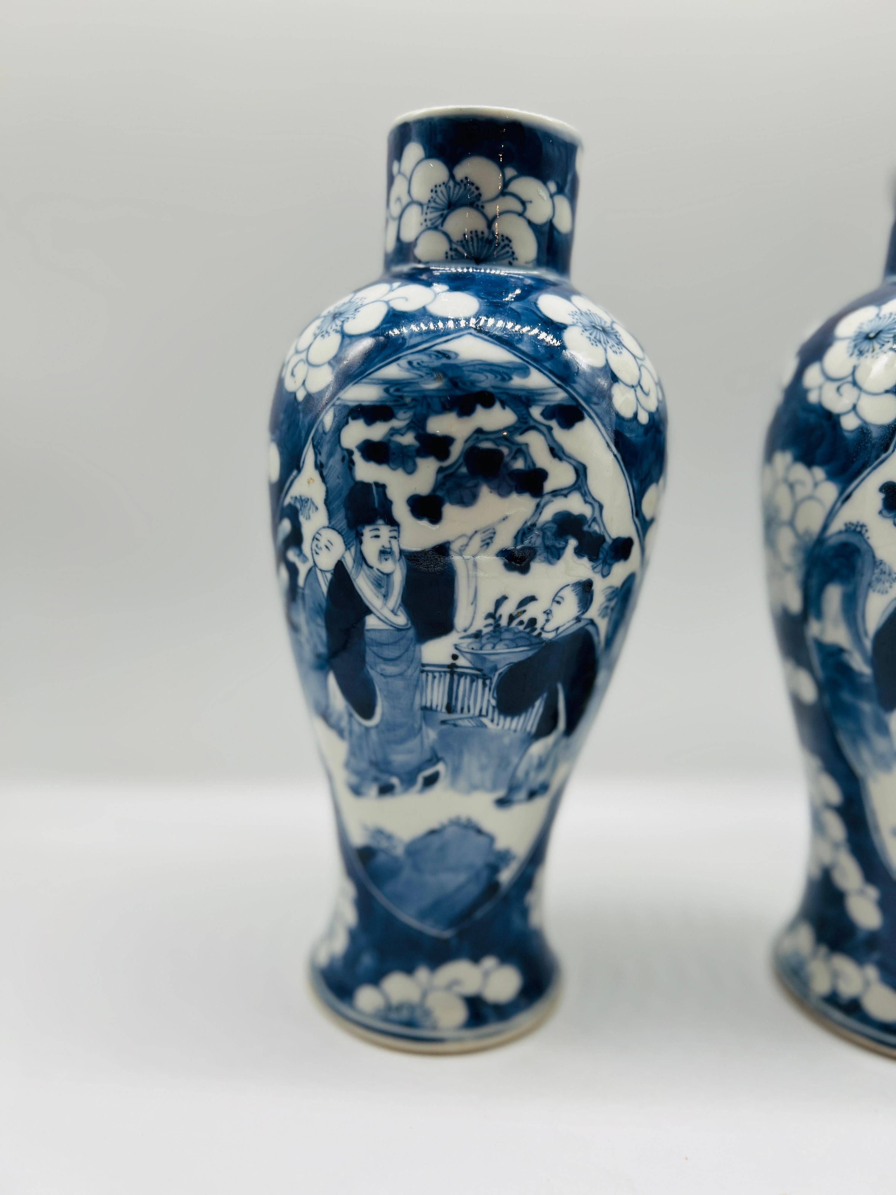 Pair, Antique Chinese Export Blue and White Figural Vases In Good Condition In Atlanta, GA