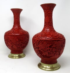 Pair Antique Chinese Export Carved Red Cinnabar Vases Urns Guangxu Period 19 Ct