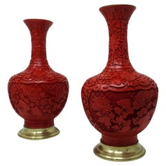 Pair Antique Chinese Export Carved Red Cinnabar Vases Urns Guangxu Period 19 Ct