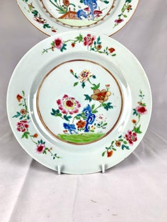Pair Antique Chinese Export Porcelain Plates Famille Rose Hand Painted Ca. 1770