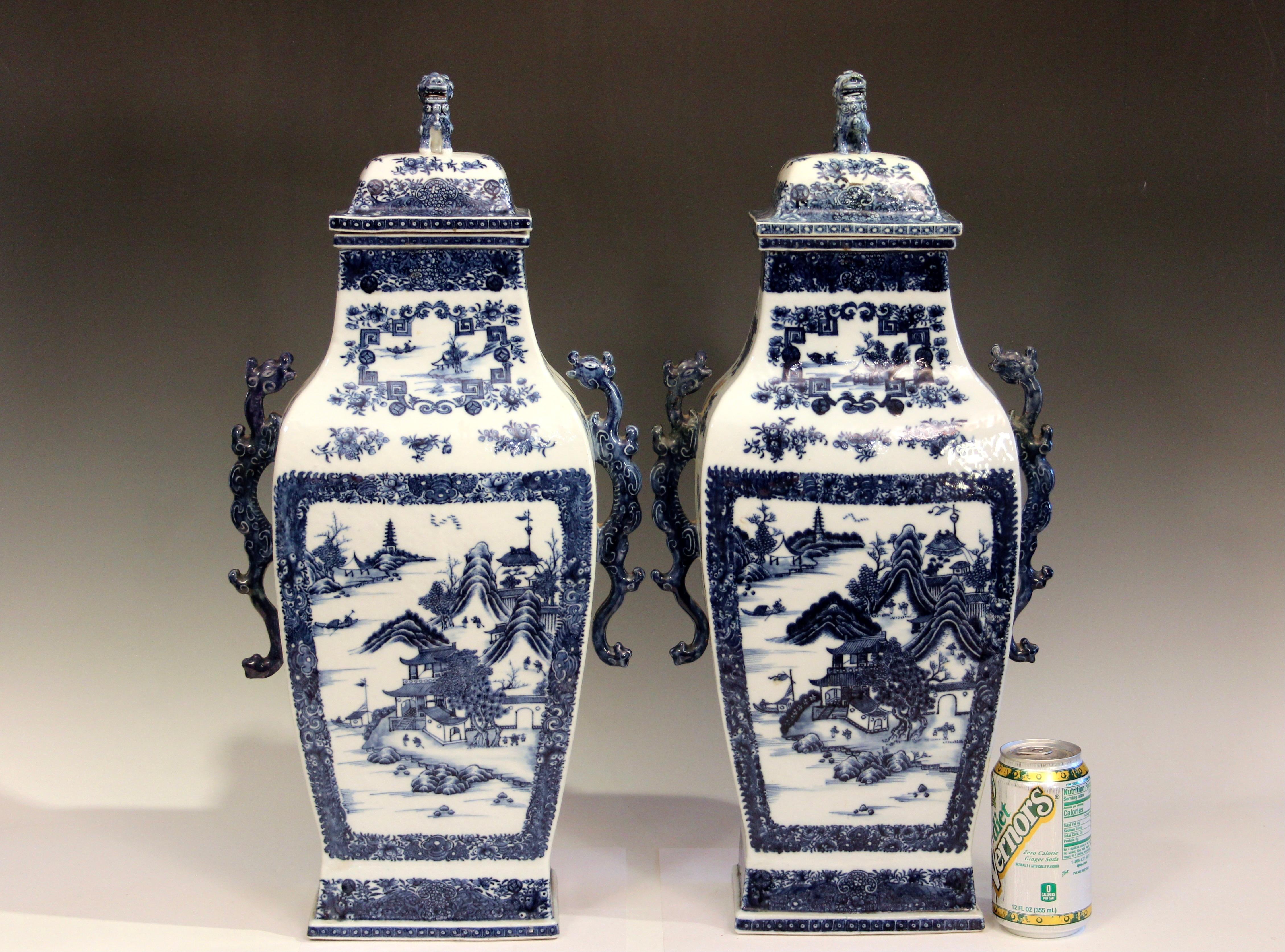 Pair Antique Chinese Export Porcelain Vases Urns Covers Nanking Blue & White 22