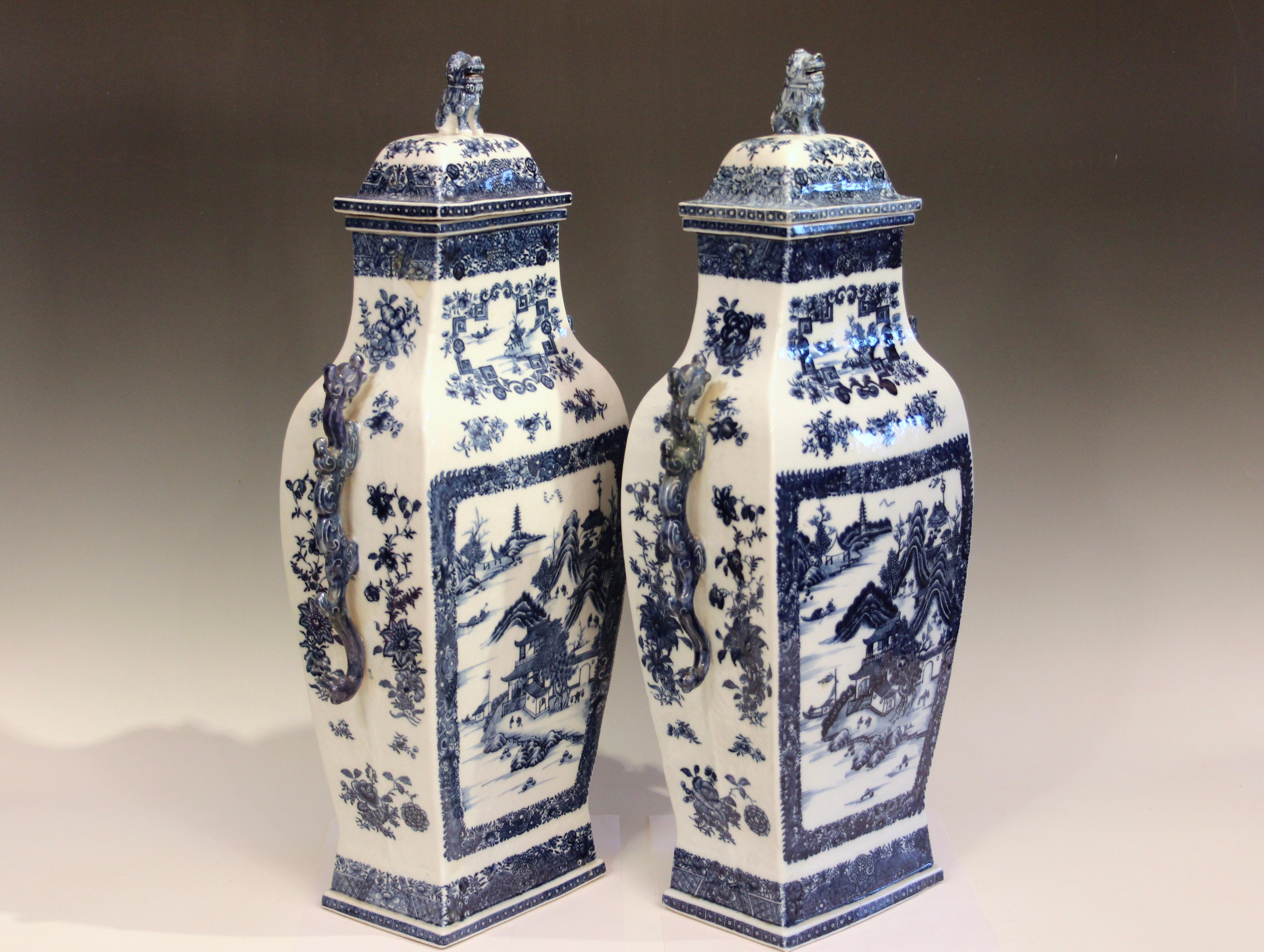 Qing Pair Antique Chinese Export Porcelain Vases Urns Covers Nanking Blue & White 22