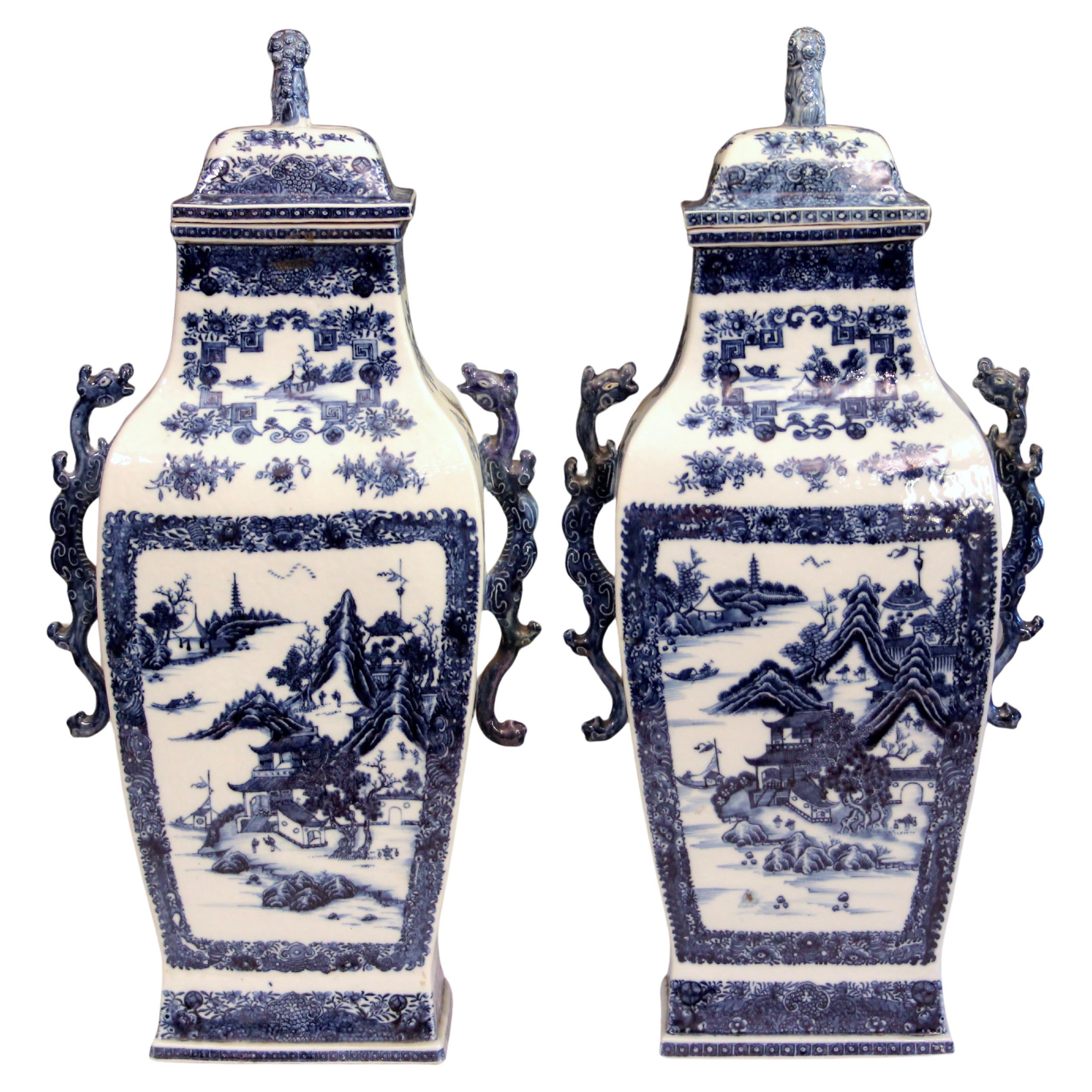 Pair Antique Chinese Export Porcelain Vases Urns Covers Nanking Blue & White 22"