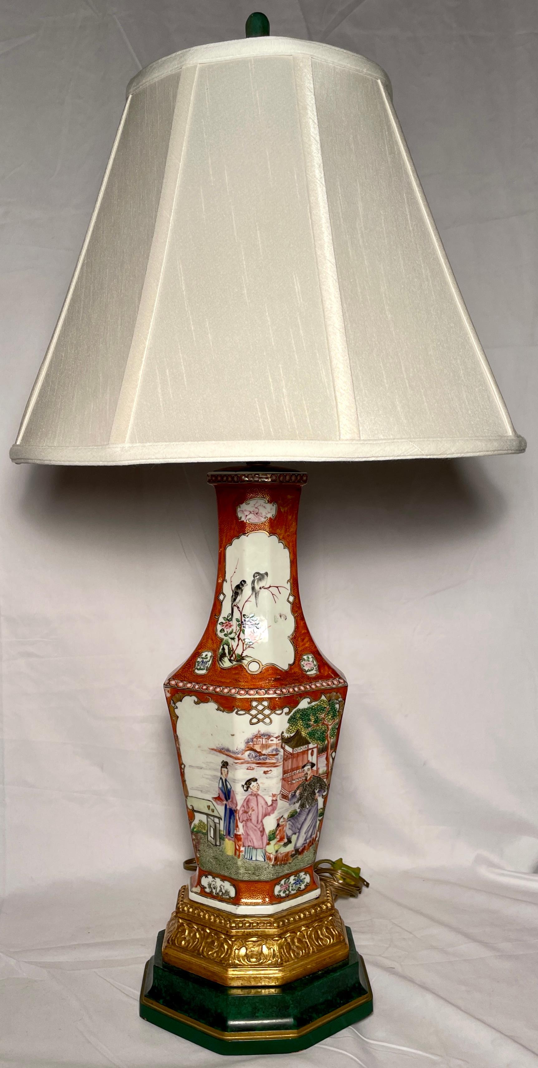 Pair antique Chinese export rust colored porcelain urns made into lamps on hand-made bases.