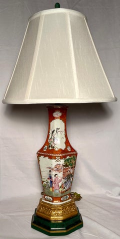 Pair Antique Chinese Export Rust Colored Porcelain Urns Made Into Lamps