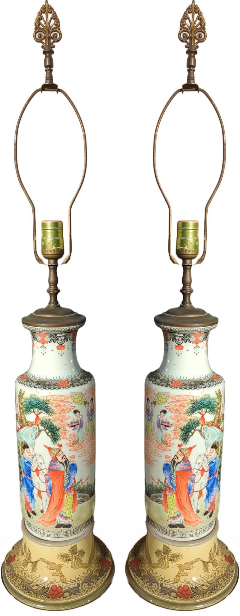 Pair Antique Chinese Famille Rose Rouleau Figural Vase Table Lamps Early 20c ROC