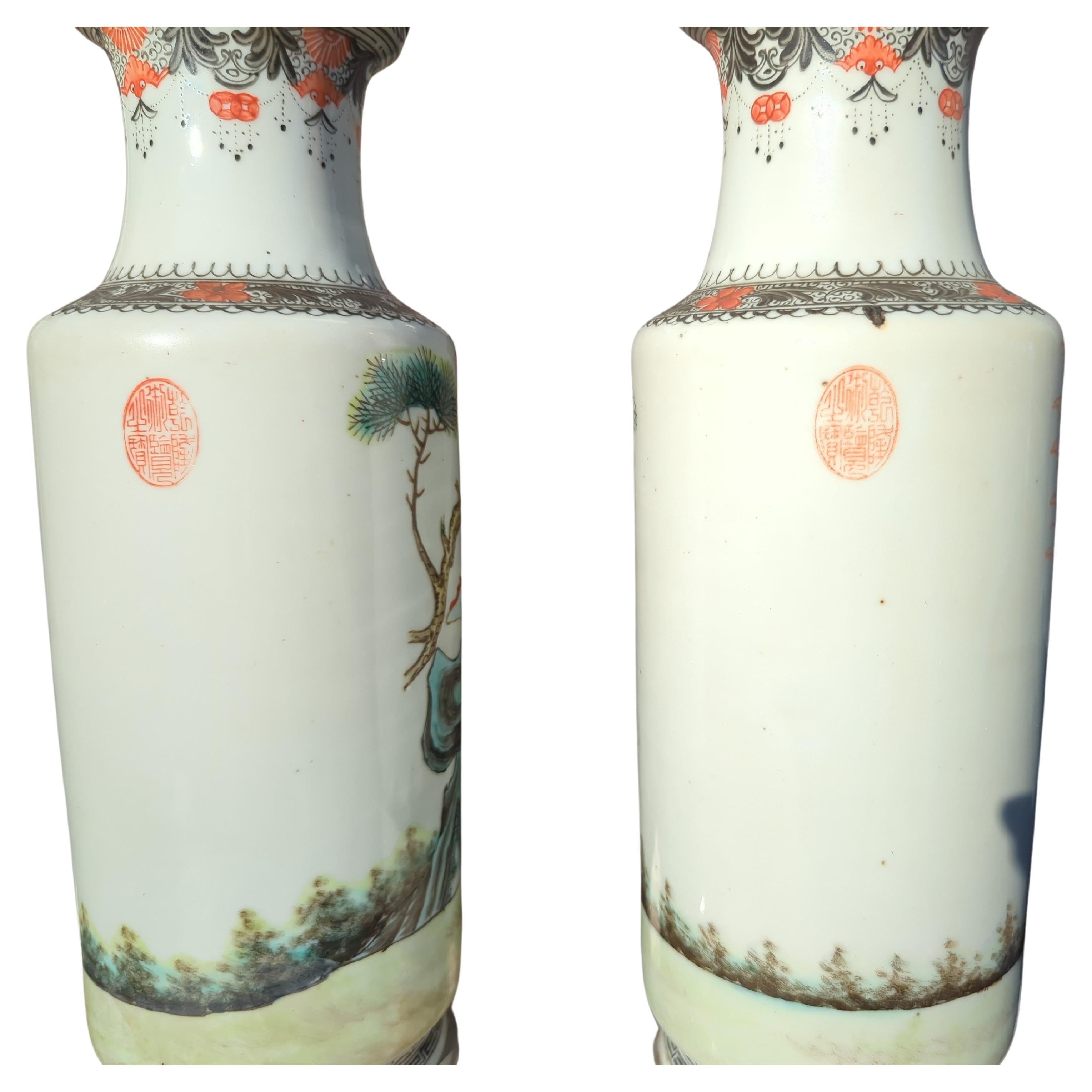 Pair Antique Chinese Famille Rose Rouleau Figural Vase Table Lamps Early 20c ROC For Sale 3