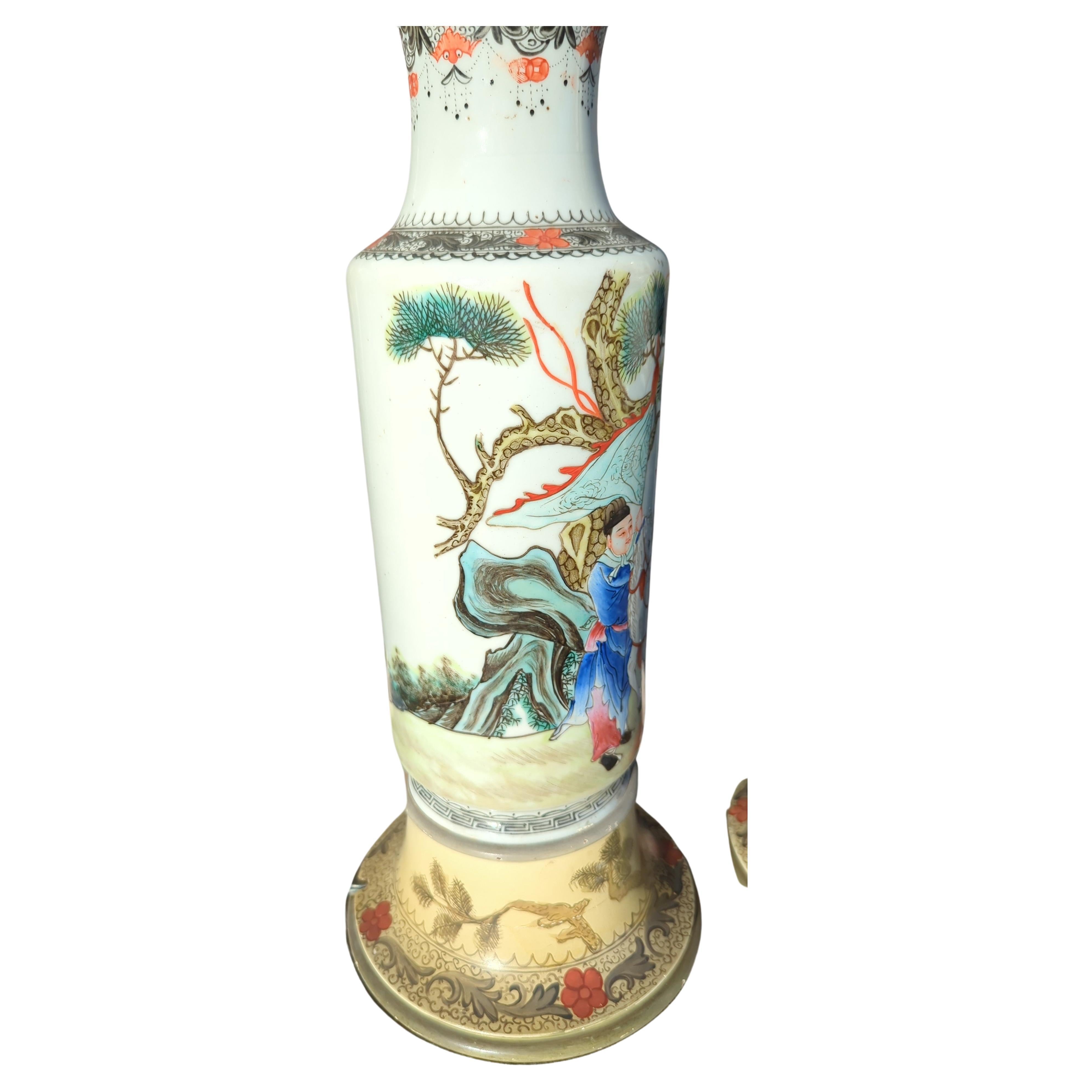Pair Antique Chinese Famille Rose Rouleau Figural Vase Table Lamps Early 20c ROC For Sale 4