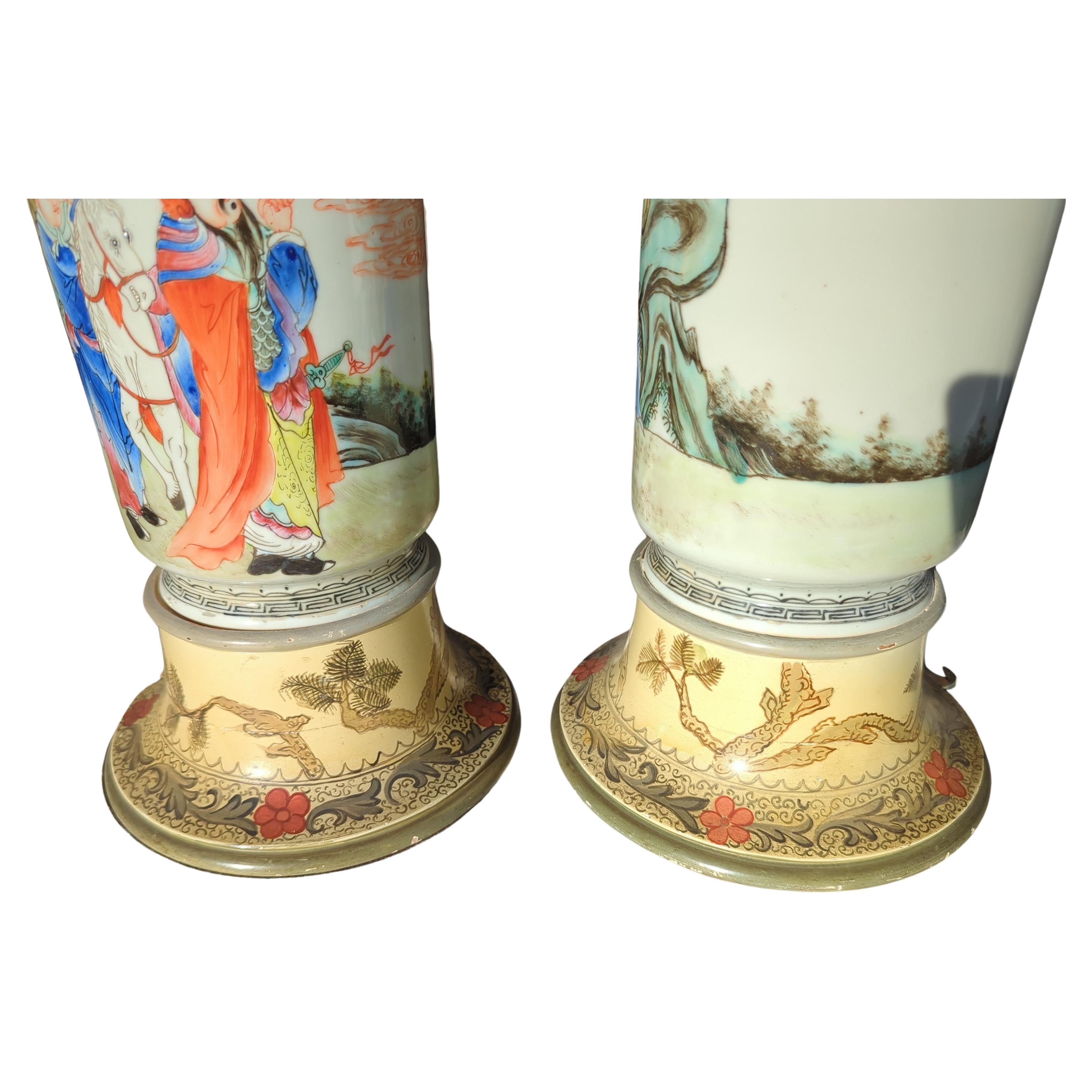 Pair Antique Chinese Famille Rose Rouleau Figural Vase Table Lamps Early 20c ROC For Sale 5