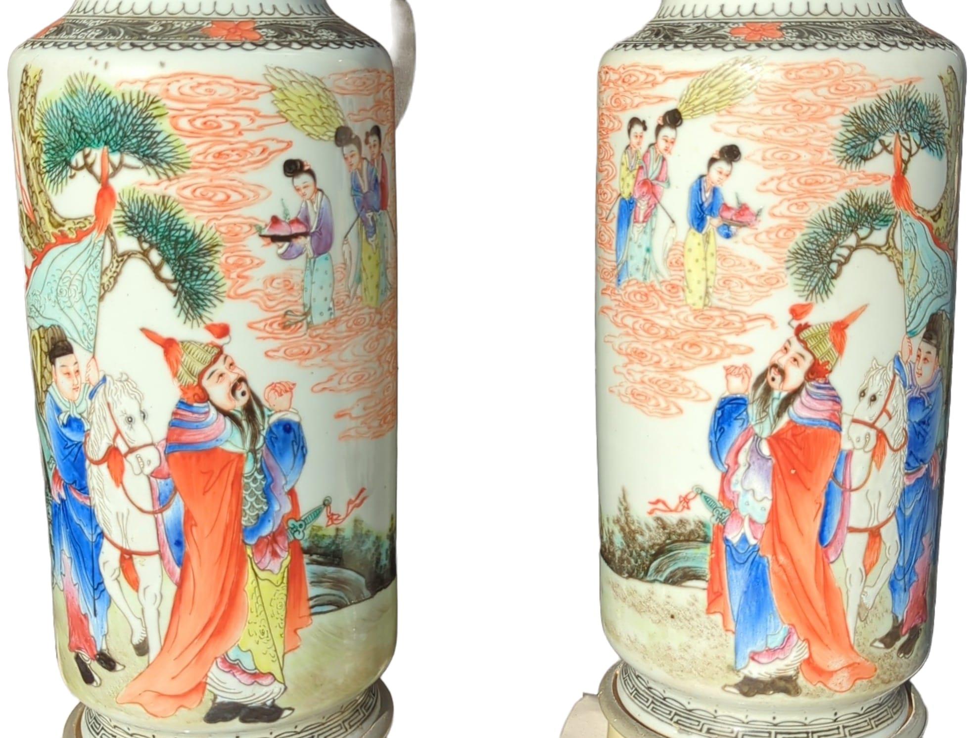 Pair Antique Chinese Famille Rose Rouleau Figural Vase Table Lamps Early 20c ROC For Sale 6