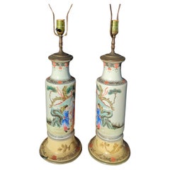 Pair Antique Chinese Famille Rose Rouleau Figural Vase Table Lamps Early 20c ROC