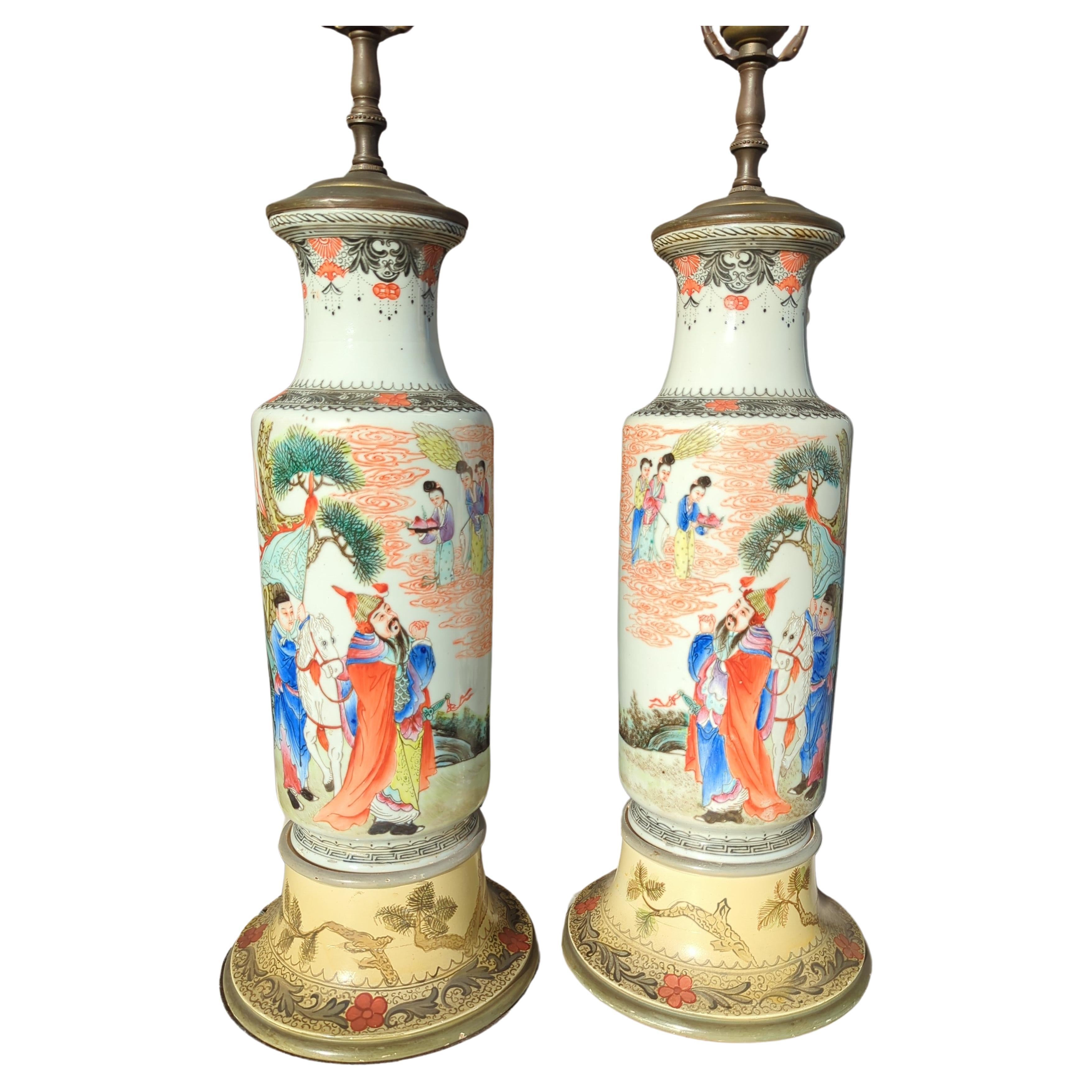 Chinese Export Pair Antique Chinese Famille Rose Rouleau Figural Vase Table Lamps Early 20c ROC For Sale