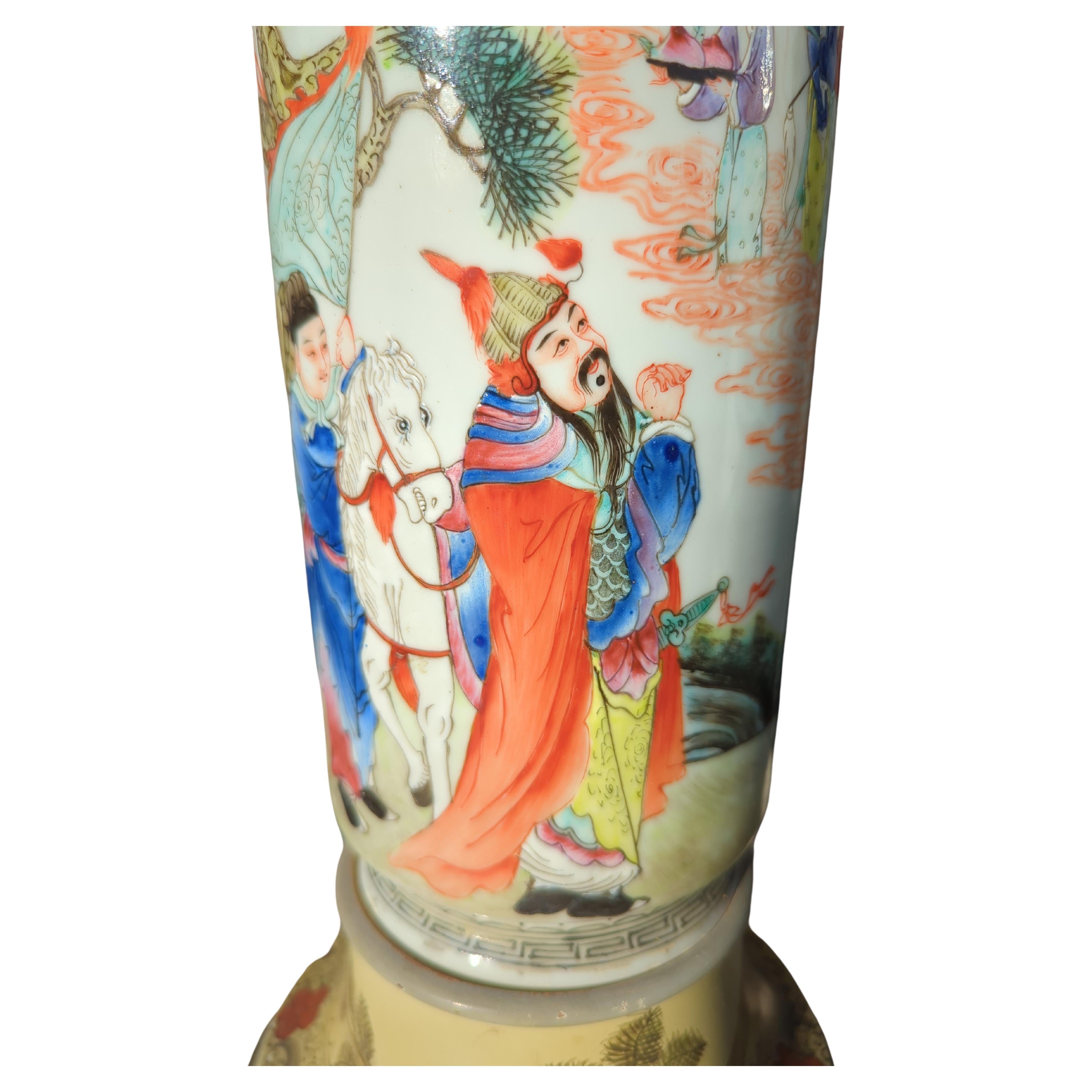 Hand-Painted Pair Antique Chinese Famille Rose Rouleau Figural Vase Table Lamps Early 20c ROC For Sale