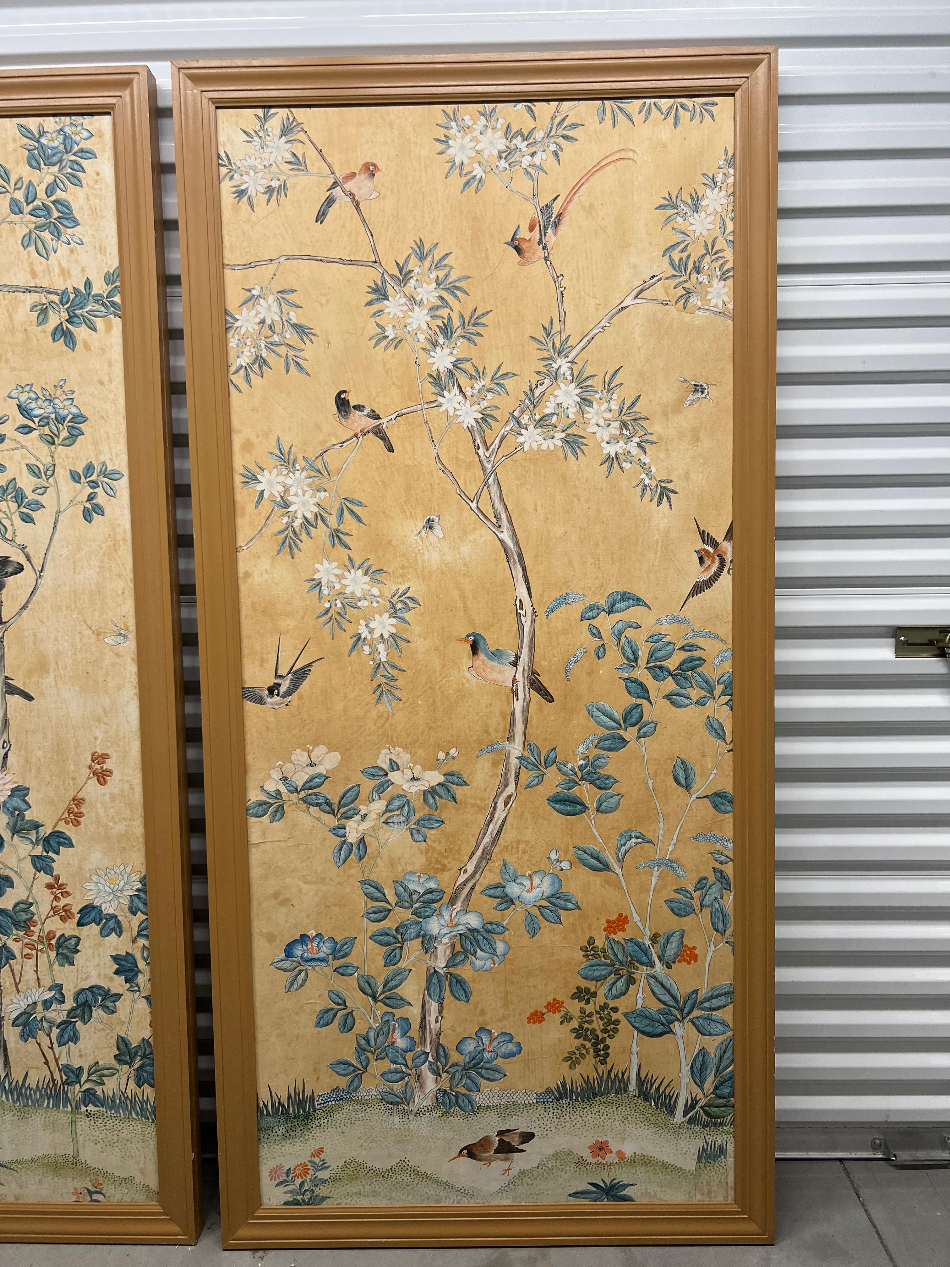 Chinoiserie Pair, Antique Chinese Hand Painted Foliate & Ornithological Wallpaper Panels