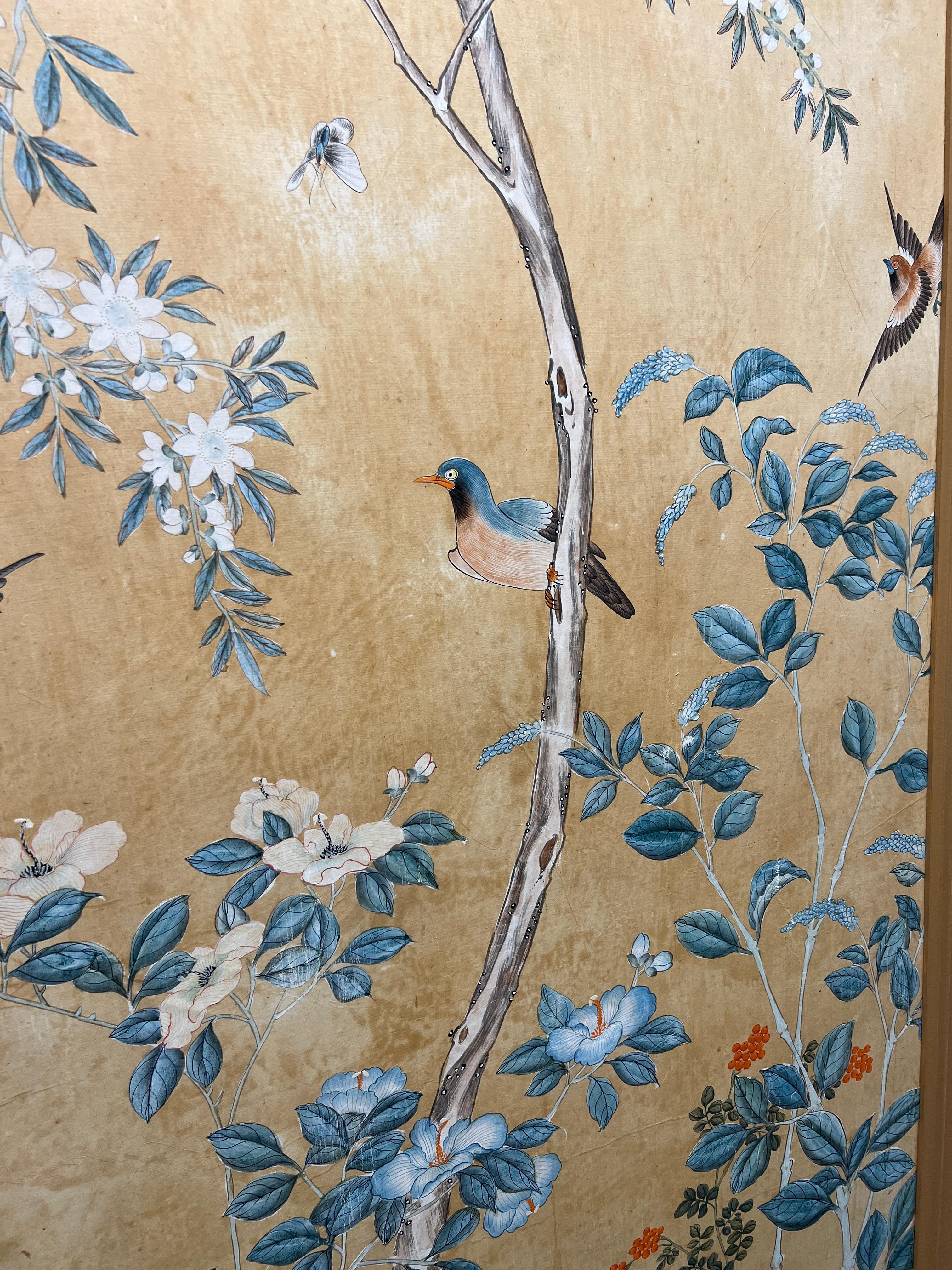 Pair, Antique Chinese Hand Painted Foliate & Ornithological Wallpaper Panels In Good Condition In Atlanta, GA