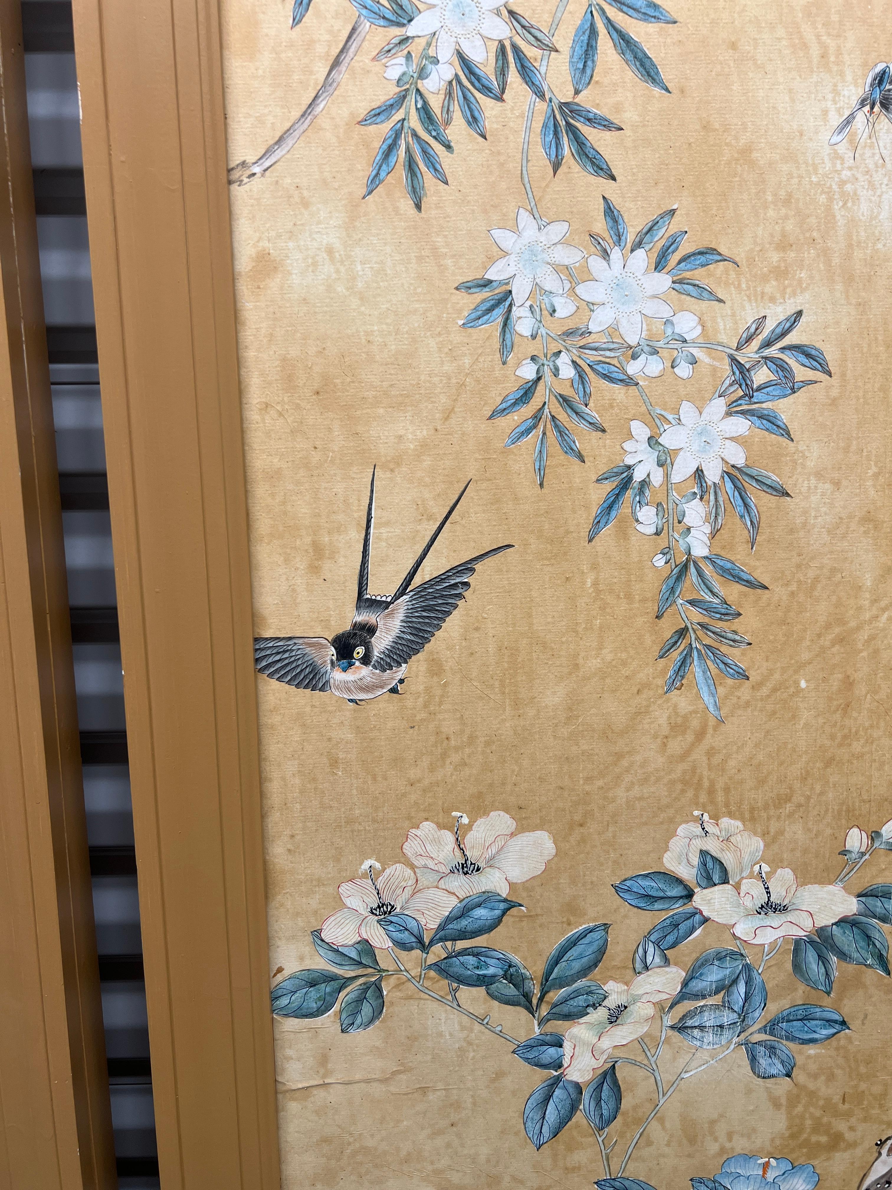 19th Century Pair, Antique Chinese Hand Painted Foliate & Ornithological Wallpaper Panels