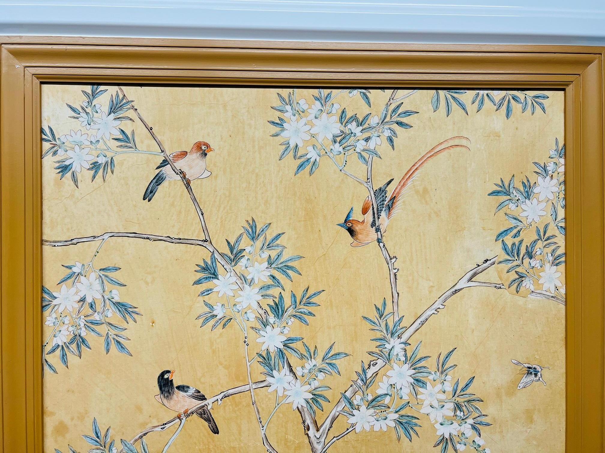 Canvas Pair, Antique Chinese Hand Painted Foliate & Ornithological Wallpaper Panels