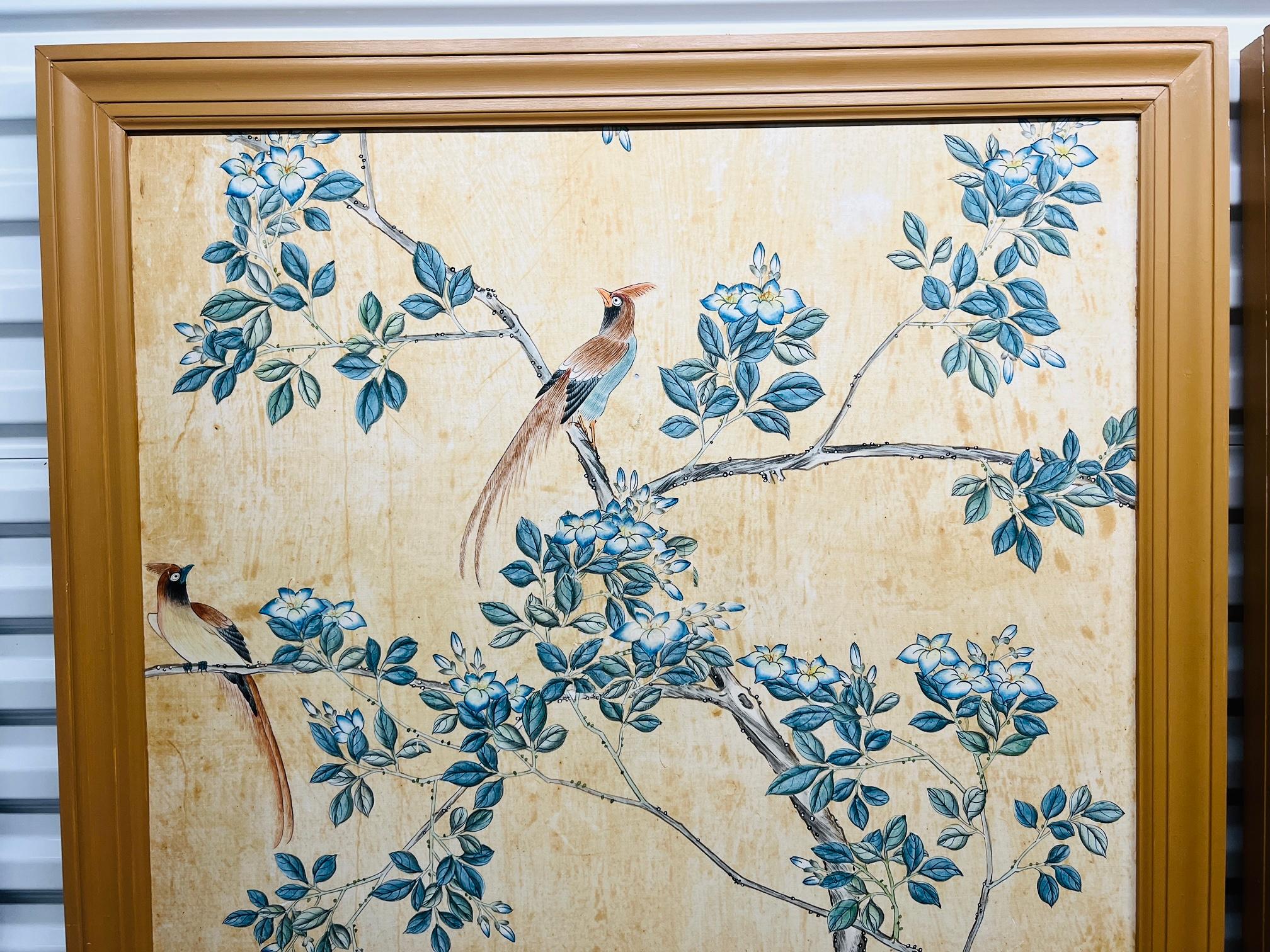 Pair, Antique Chinese Hand Painted Foliate & Ornithological Wallpaper Panels 1