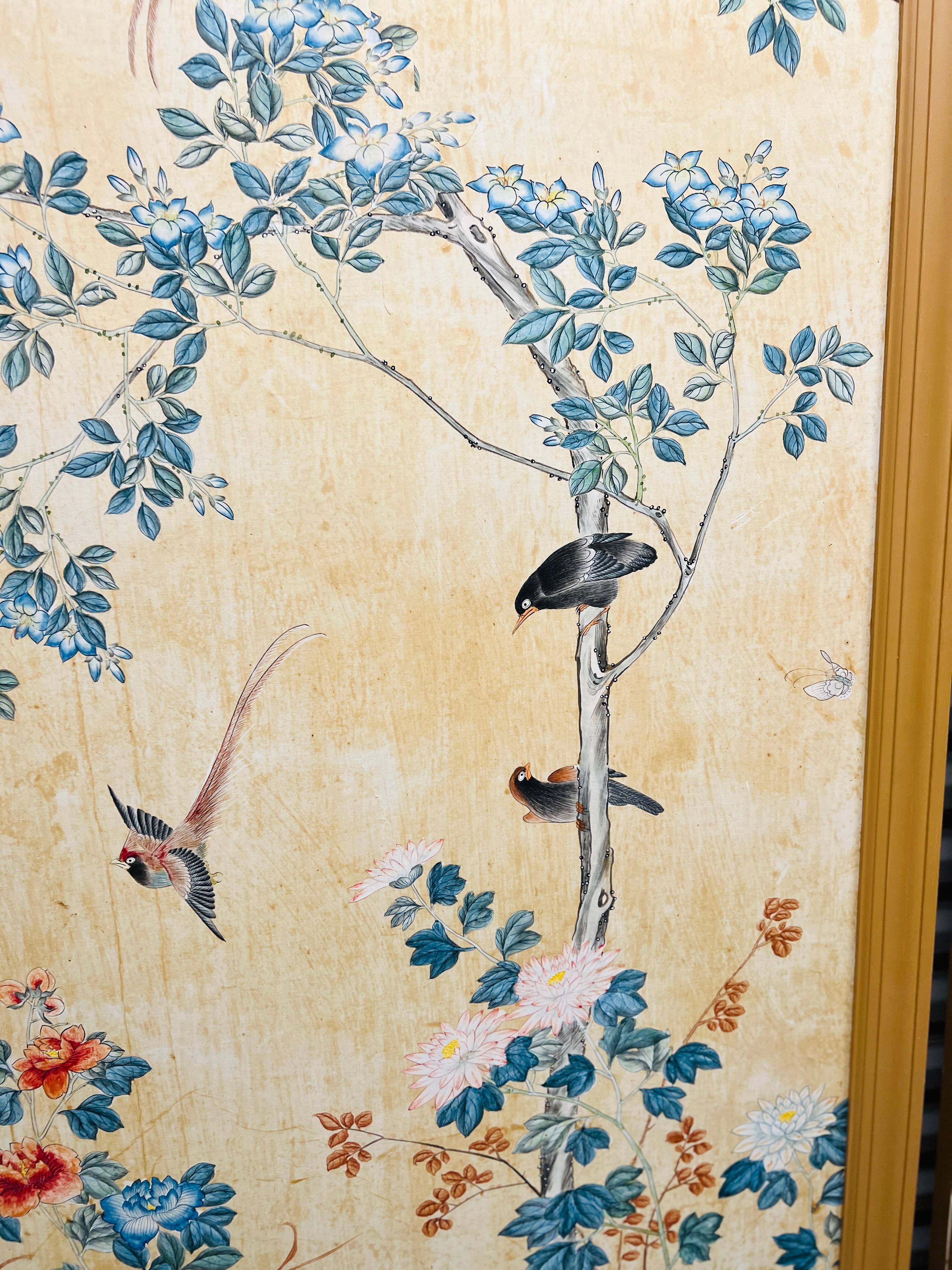 Pair, Antique Chinese Hand Painted Foliate & Ornithological Wallpaper Panels 2