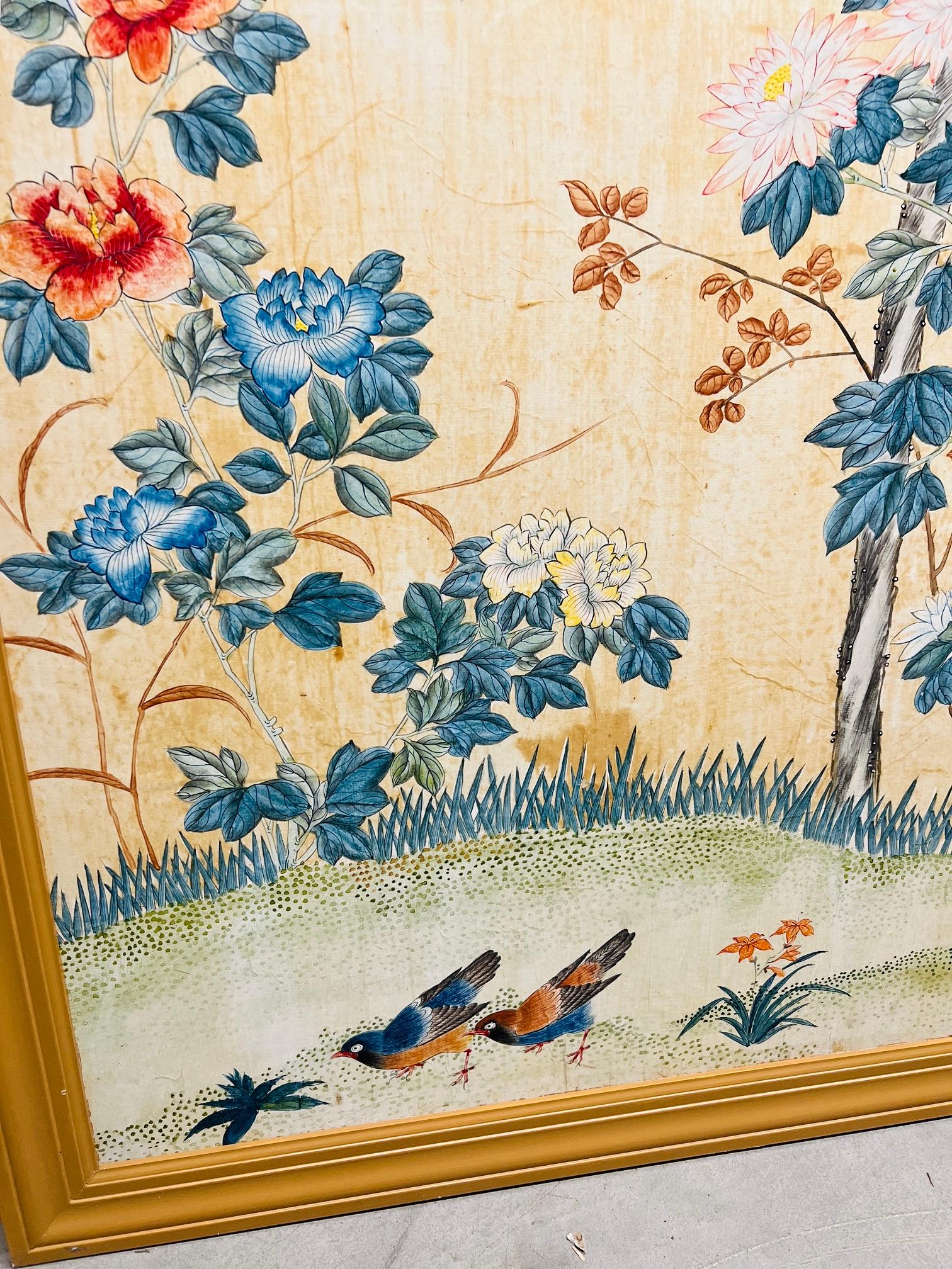 Pair, Antique Chinese Hand Painted Foliate & Ornithological Wallpaper Panels 3