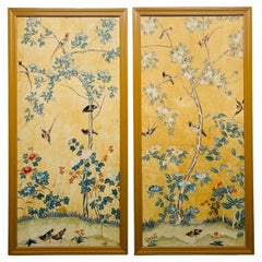 Pair, Antique Chinese Hand Painted Foliate & Ornithological Wallpaper Panels