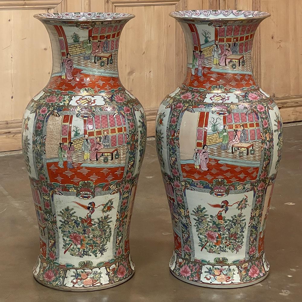 Pair Antique Chinese Hand-Painted Vases are truly a product of exceptionally skilled artisans!  Thrown on a larger scale, the graceful form of each porcelain urn is centuries if not thousands of years old.  Starting on the inside of the rim at the