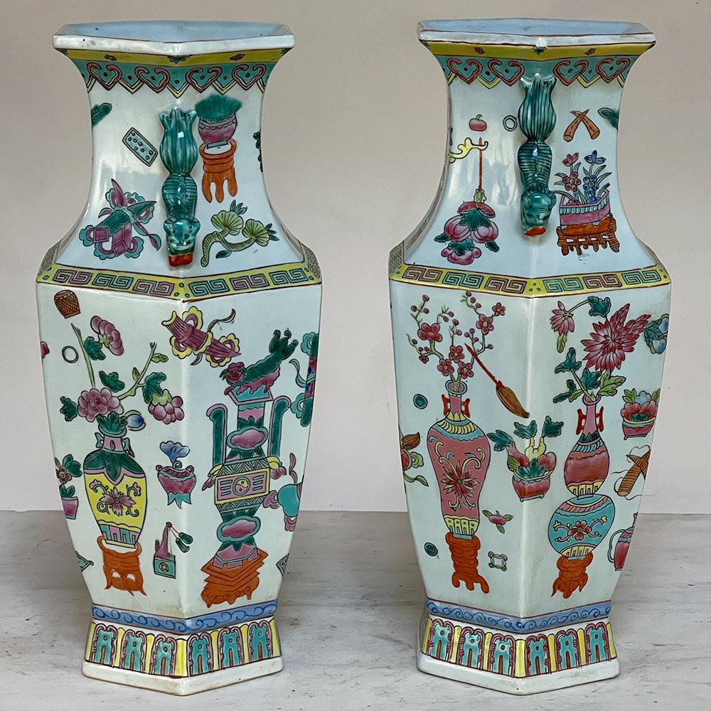 Chinese Export Pair Antique Chinese Hand-Painted Vases For Sale