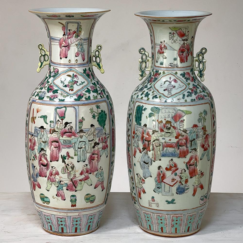 Pair Antique Chinese HandPainted Vases For Sale at 1stDibs