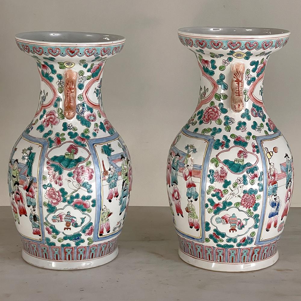 20th Century Pair Antique Chinese Hand-Painted Vases For Sale