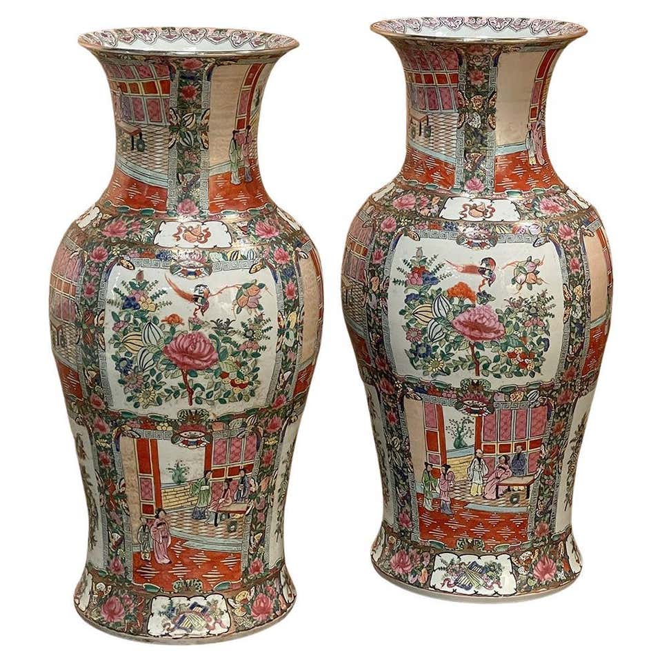 Large Hand Painted Ceramic Chinese Vases, a Pair For Sale at 1stDibs
