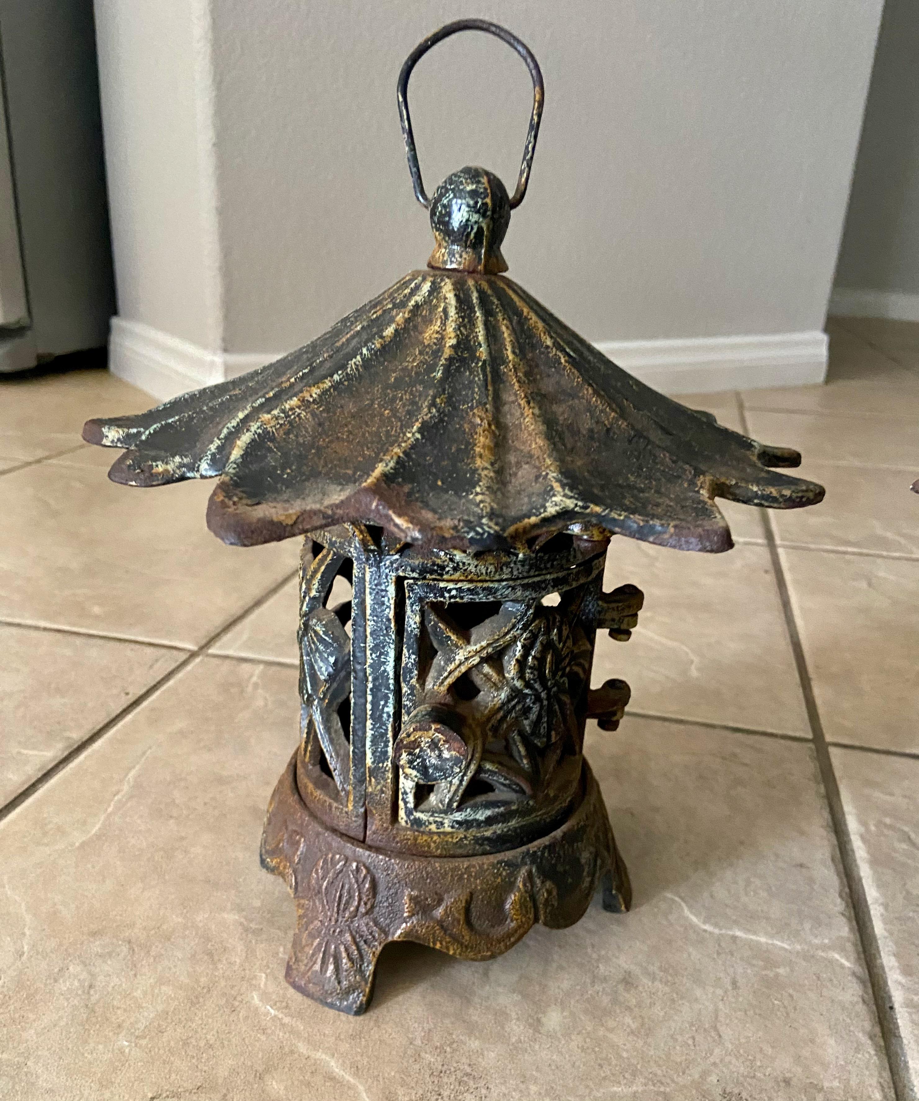 Pair Antique Chinese Iron Pagoda Garden Candle Lanterns In Fair Condition For Sale In Palm Springs, CA