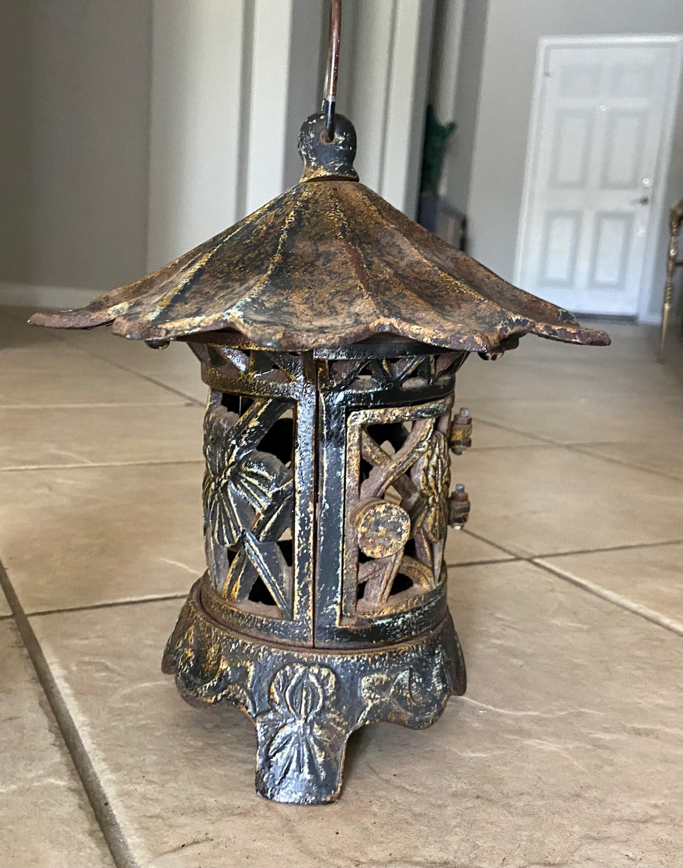 Late 19th Century Pair Antique Chinese Iron Pagoda Garden Candle Lanterns For Sale