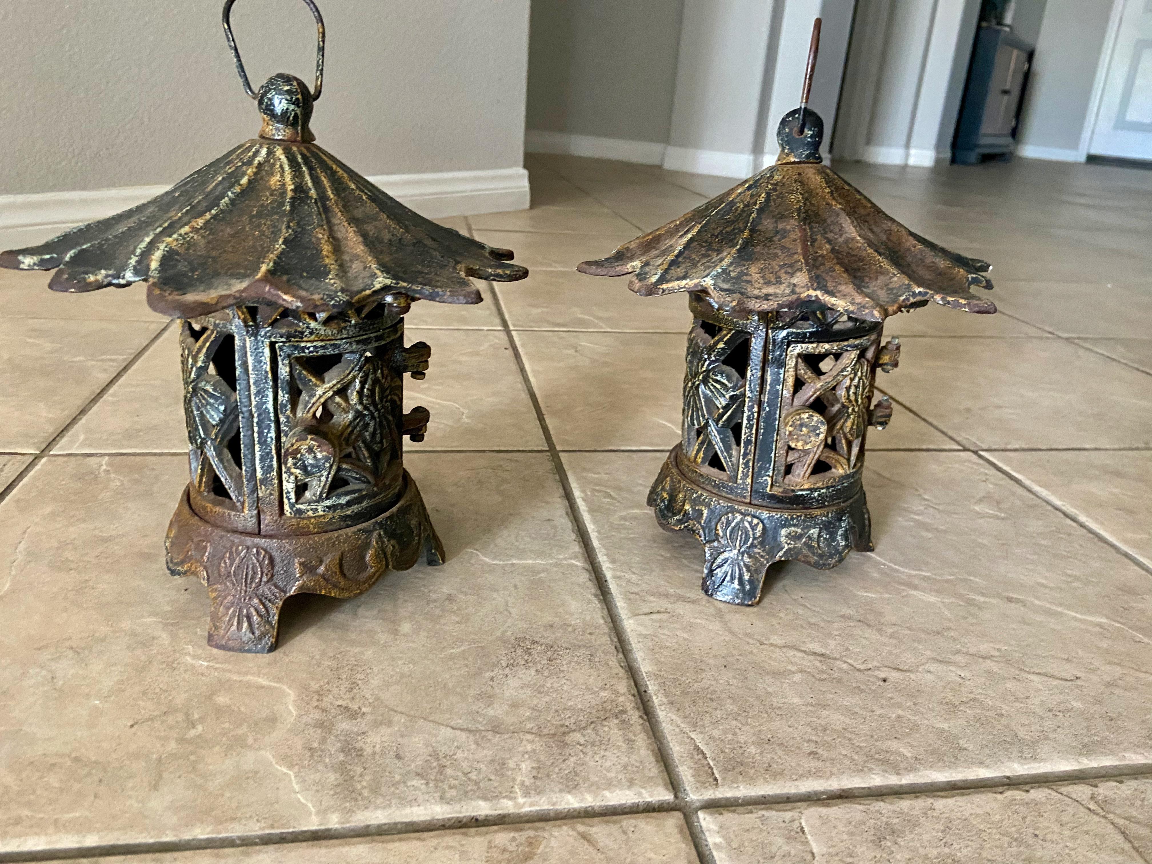 Ironstone Pair Antique Chinese Iron Pagoda Garden Candle Lanterns For Sale
