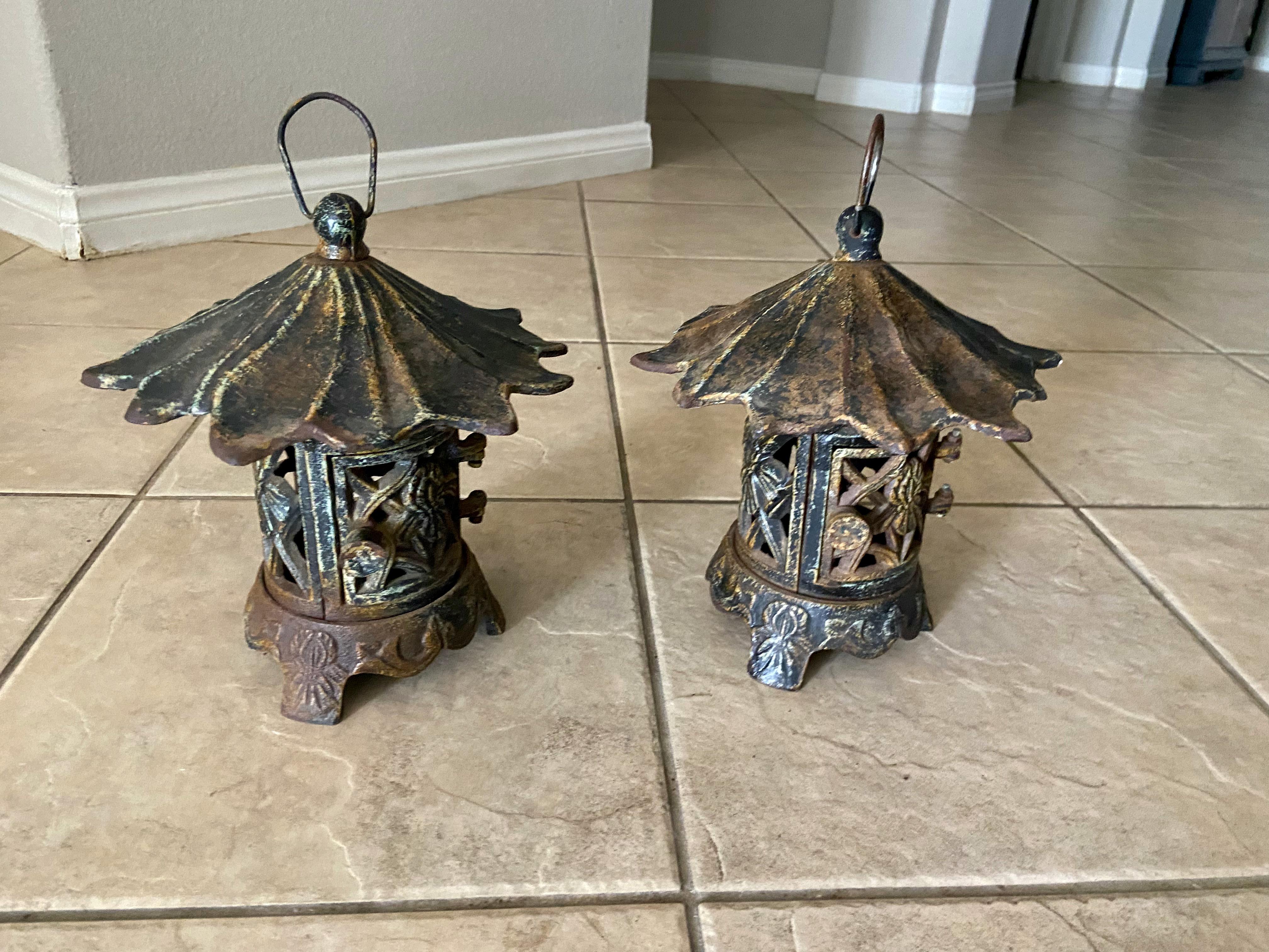 Pair Antique Chinese Iron Pagoda Garden Candle Lanterns For Sale 1
