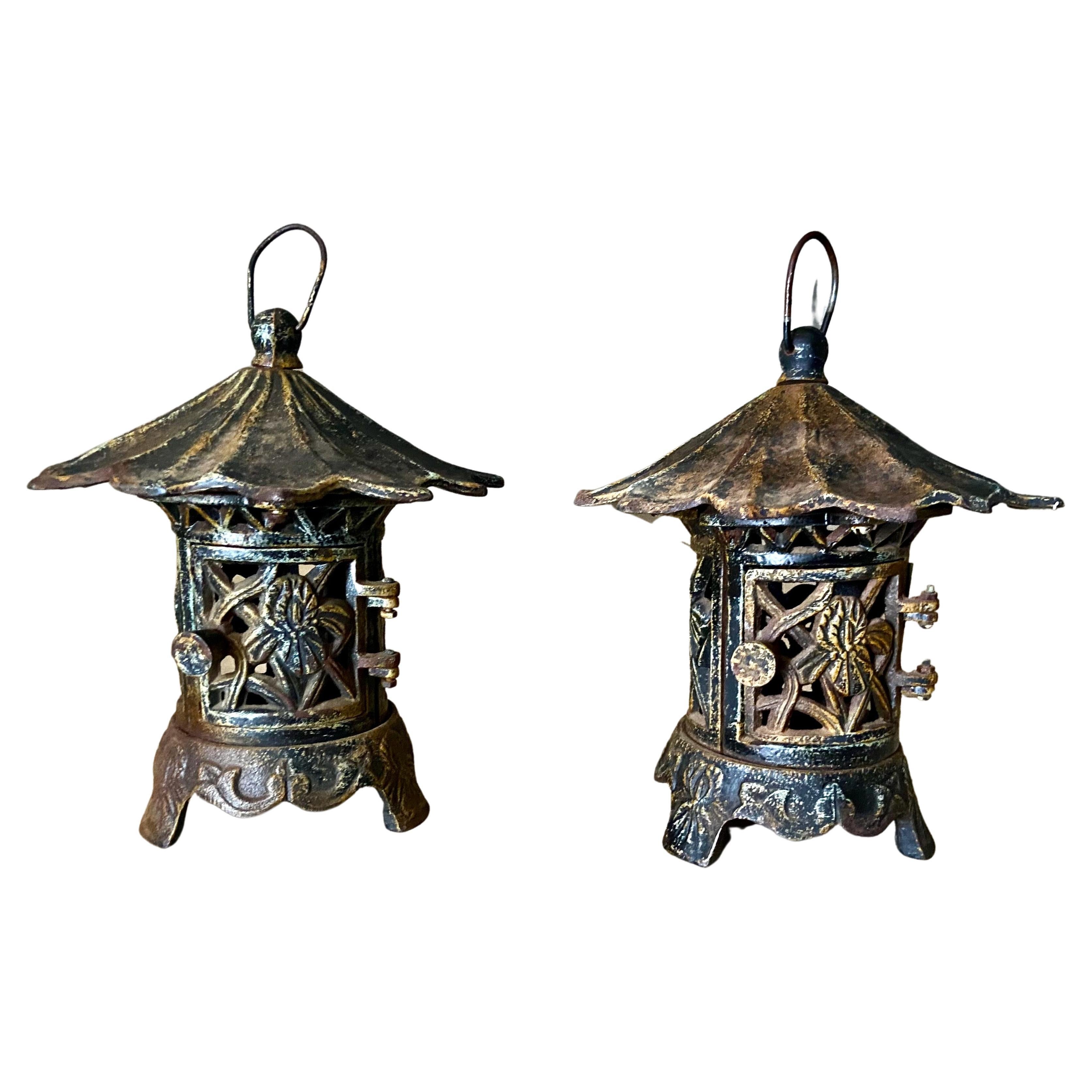 Pair Antique Chinese Iron Pagoda Garden Candle Lanterns