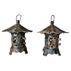 Pair Used Chinese Iron Pagoda Garden Candle Lanterns