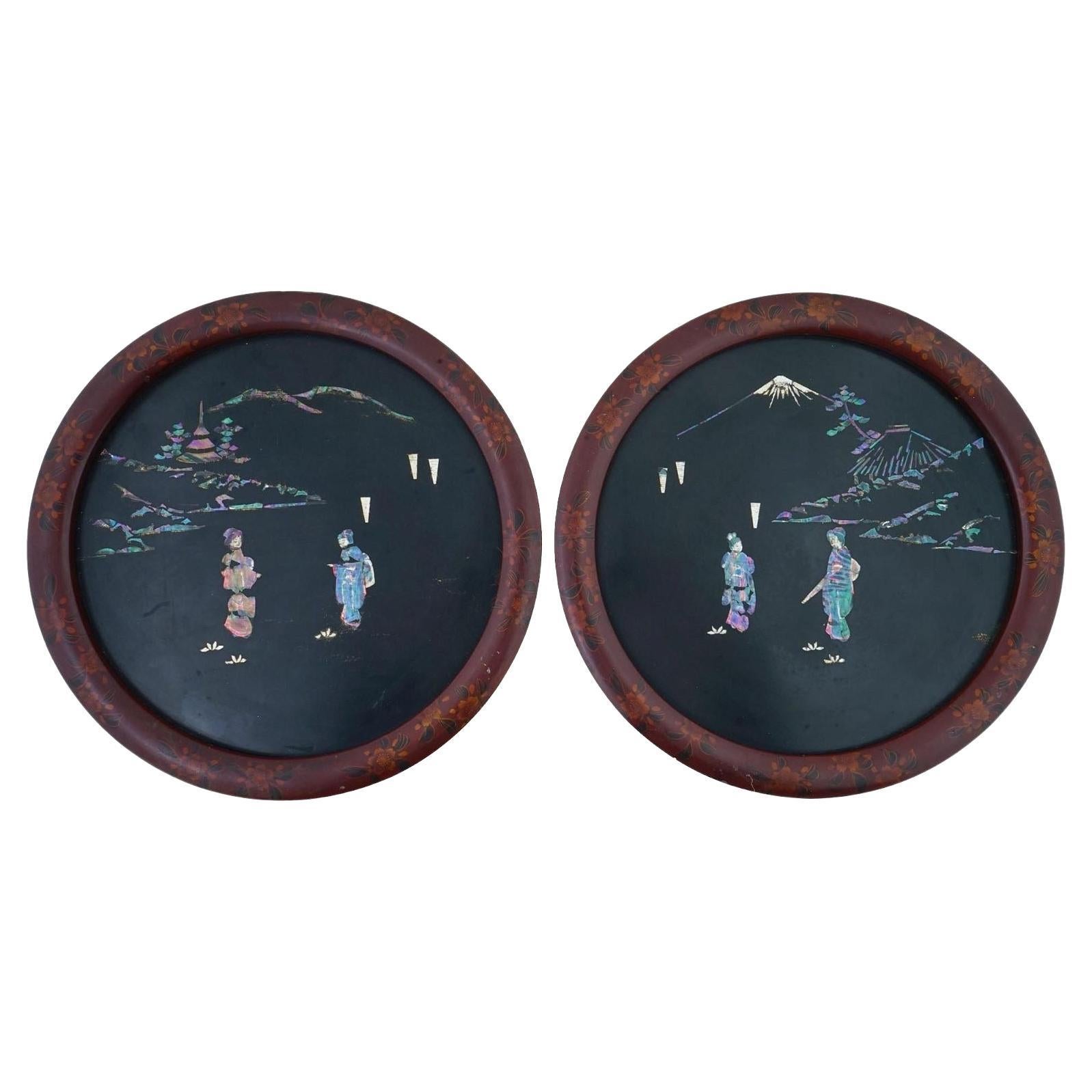 Pair Antique Chinese Mother-of-Pearl Inlaid Circular Plaques For Sale