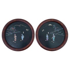 Pair Antique Chinese Mother-of-Pearl Inlaid Circular Plaques