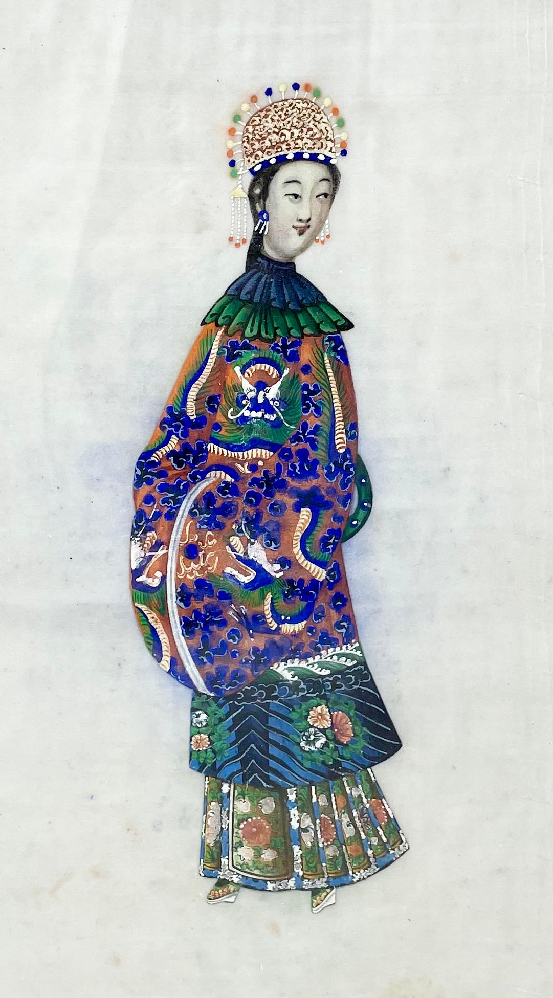 Pair Antique Chinese Paintings on Silk of Canton Figures in Traditional Costumes For Sale 1