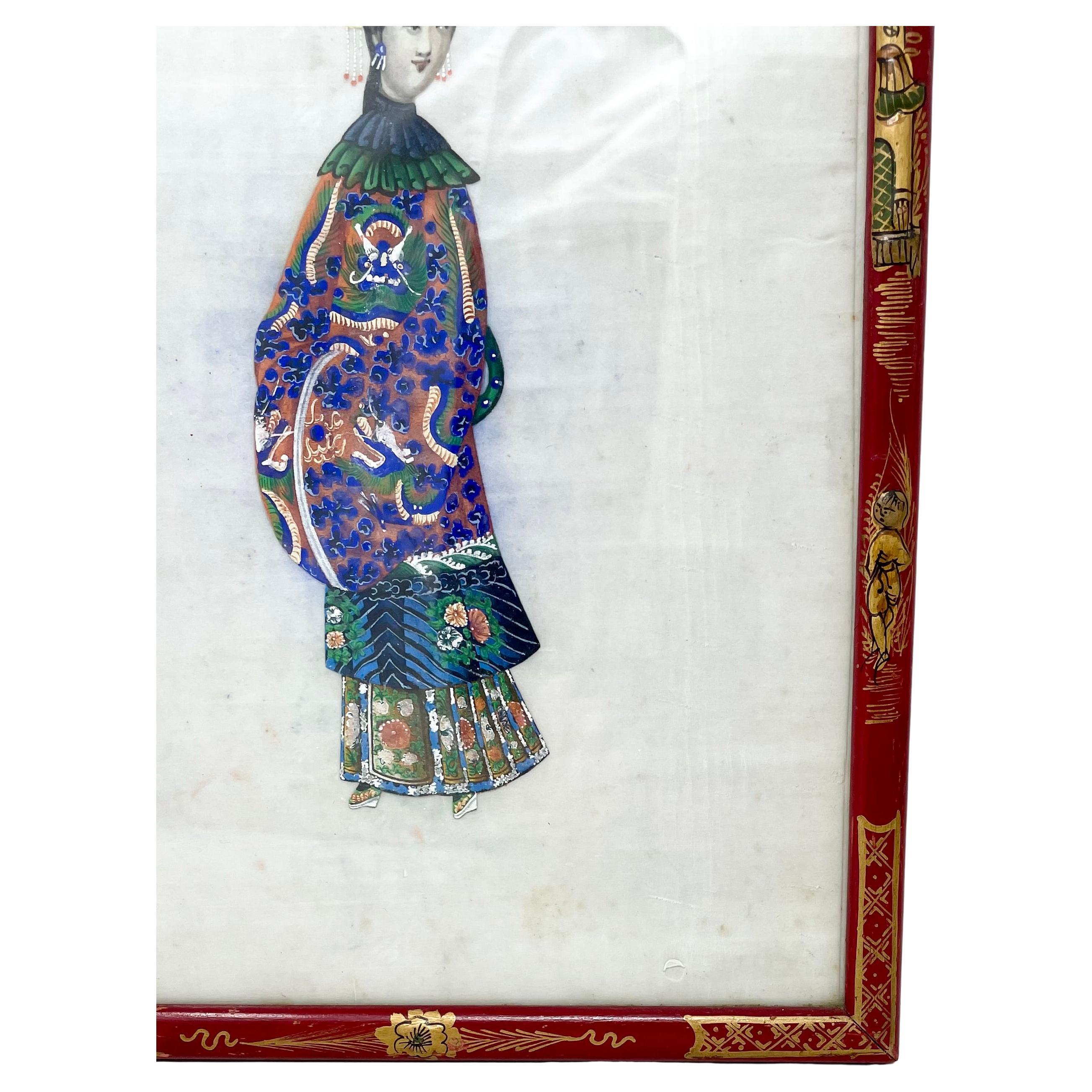Pair Antique Chinese Paintings on Silk of Canton Figures in Traditional Costumes For Sale 2