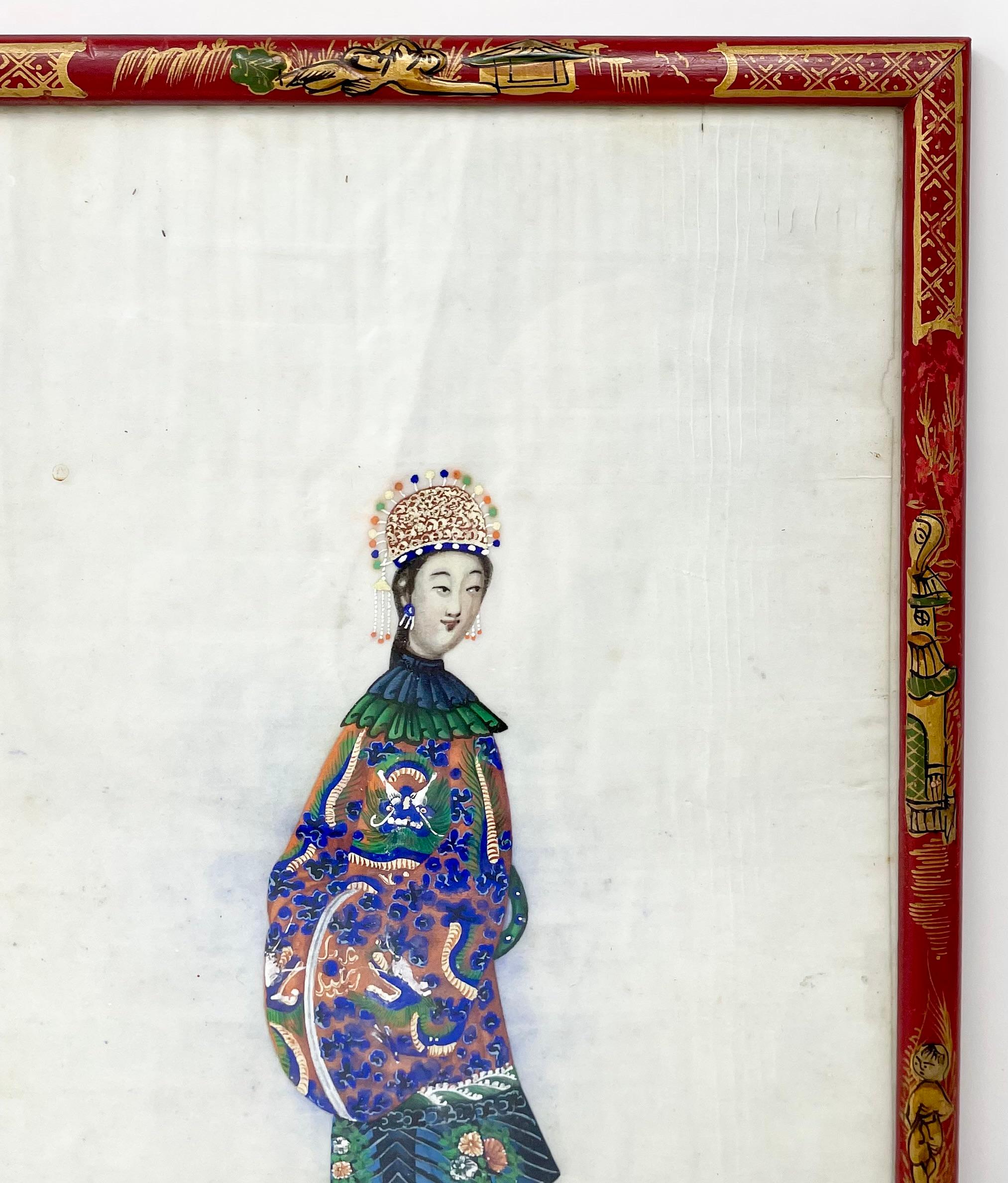Pair Antique Chinese Paintings on Silk of Canton Figures in Traditional Costumes For Sale 3
