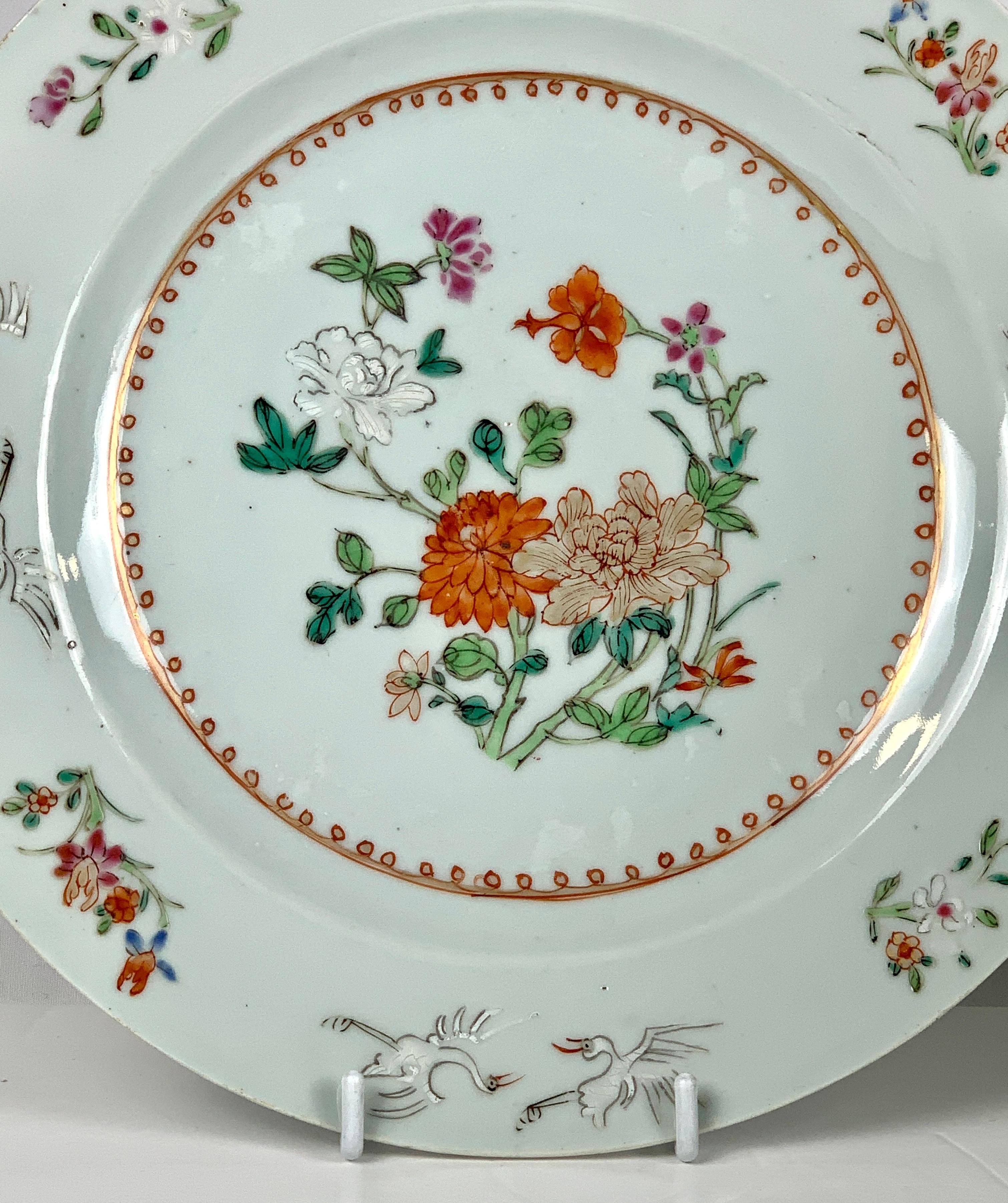 Hand-Painted Pair Antique Chinese Porcelain Plates Famille Rose Made Circa 1770 For Sale