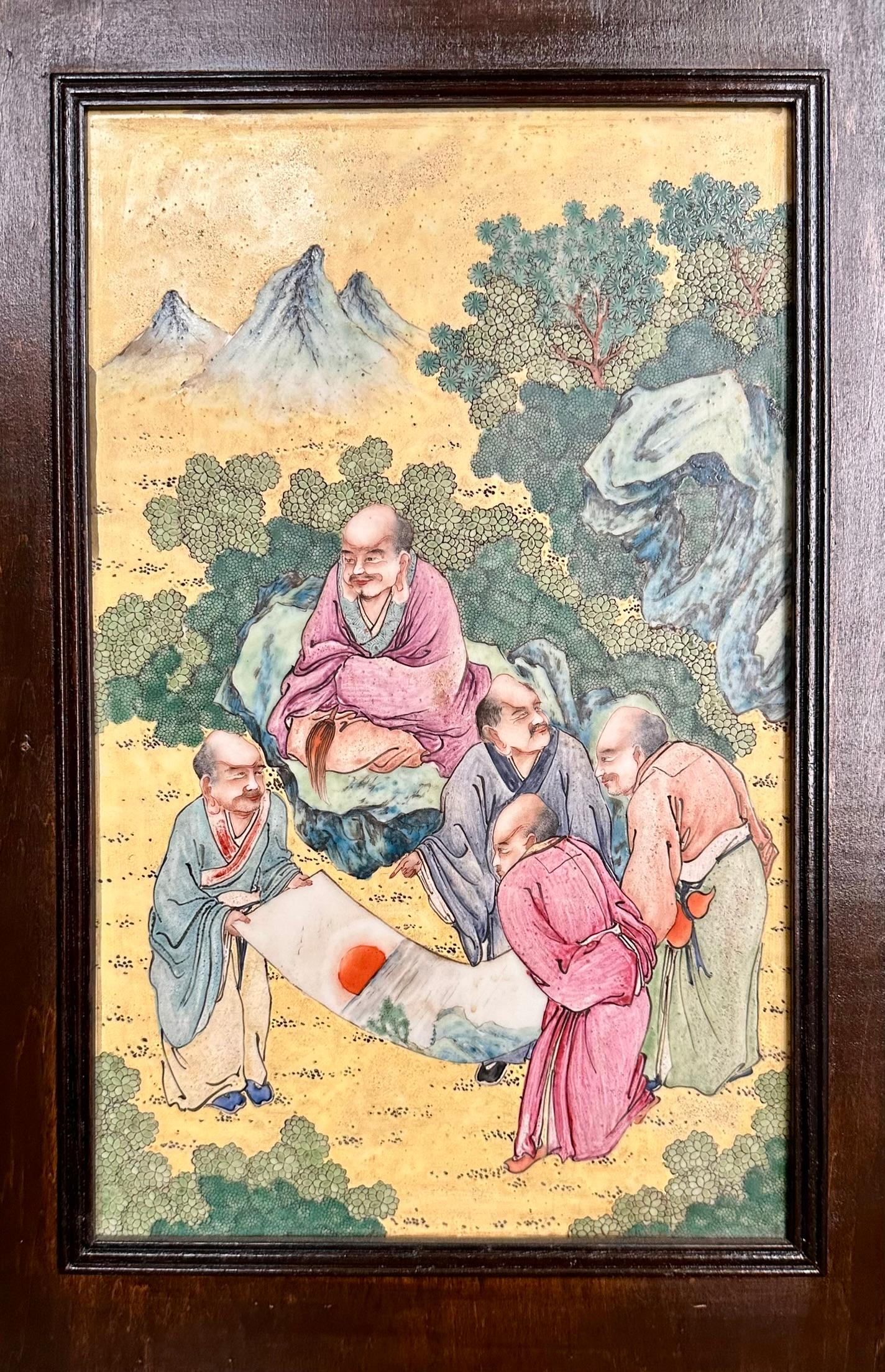 Pair Antique Chinese Porcelain Teakwood Plaques, Circa 1900. For Sale 11