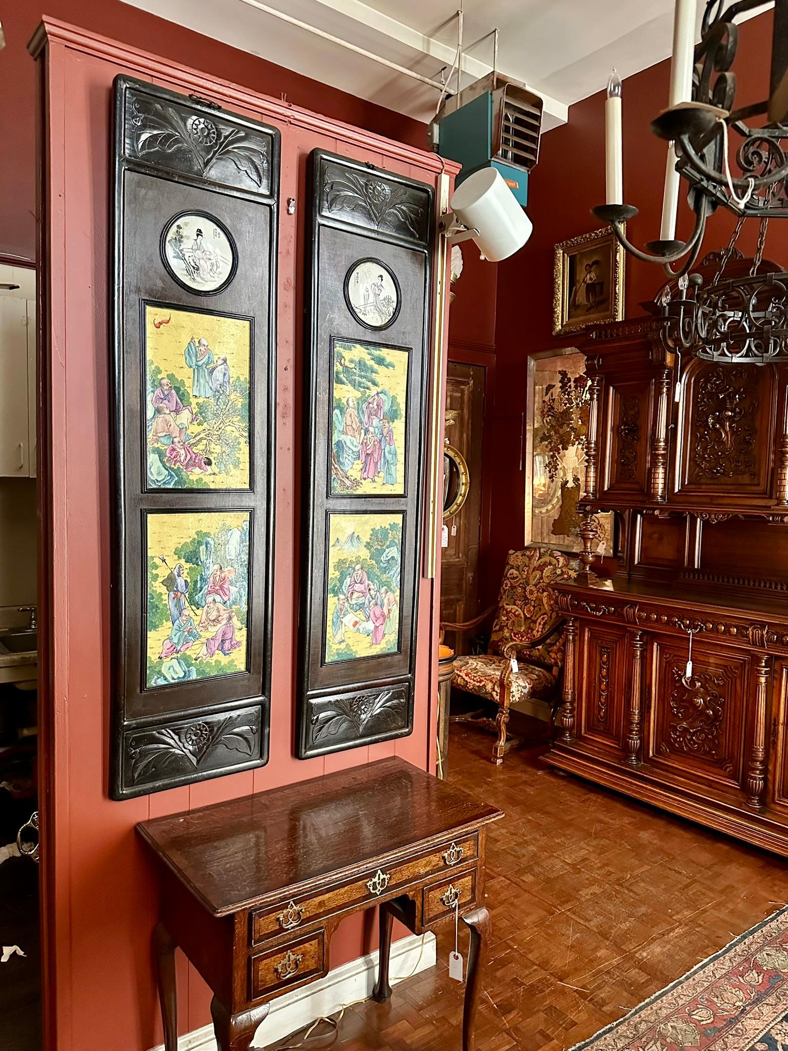 Pair Antique Chinese Porcelain Teakwood Plaques, Circa 1900. For Sale 13