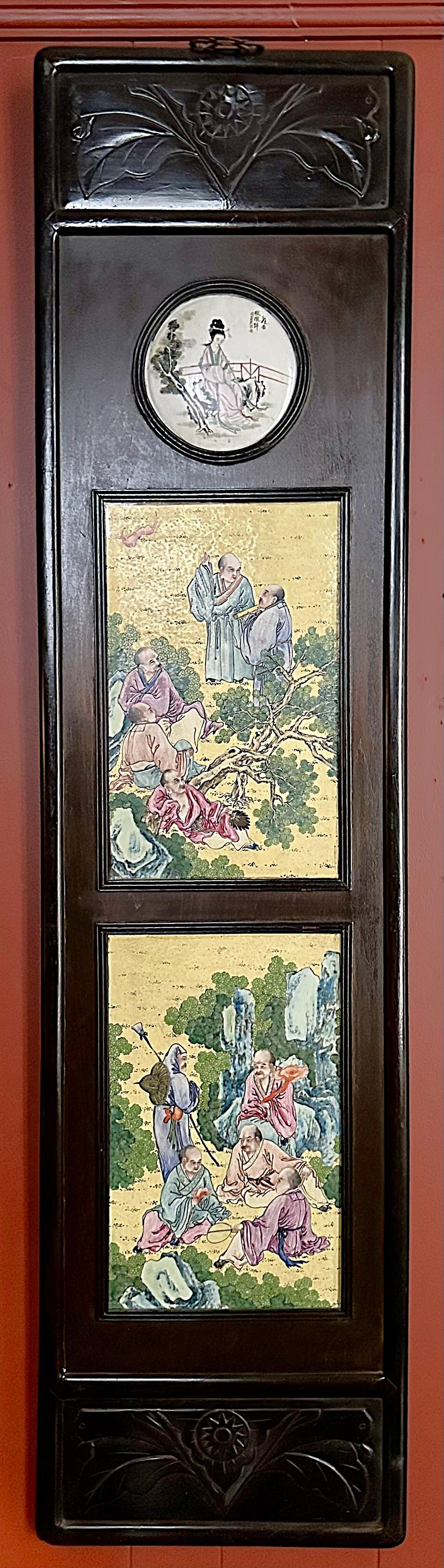 Pair Antique Chinese Porcelain Teakwood Plaques, Circa 1900. For Sale 2