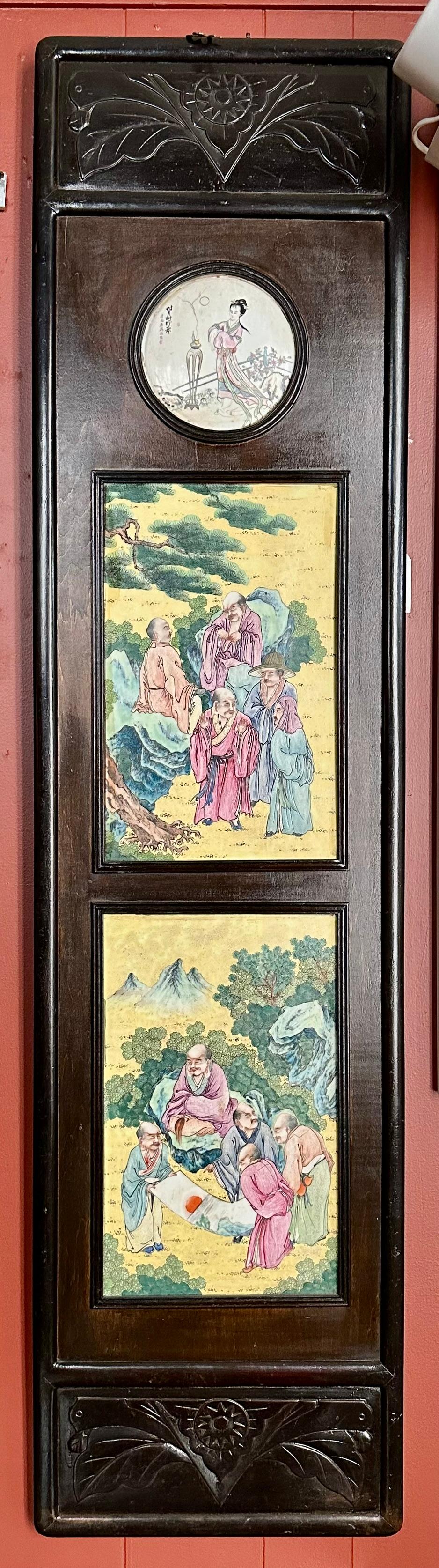 Pair Antique Chinese Porcelain Teakwood Plaques, Circa 1900. For Sale 3