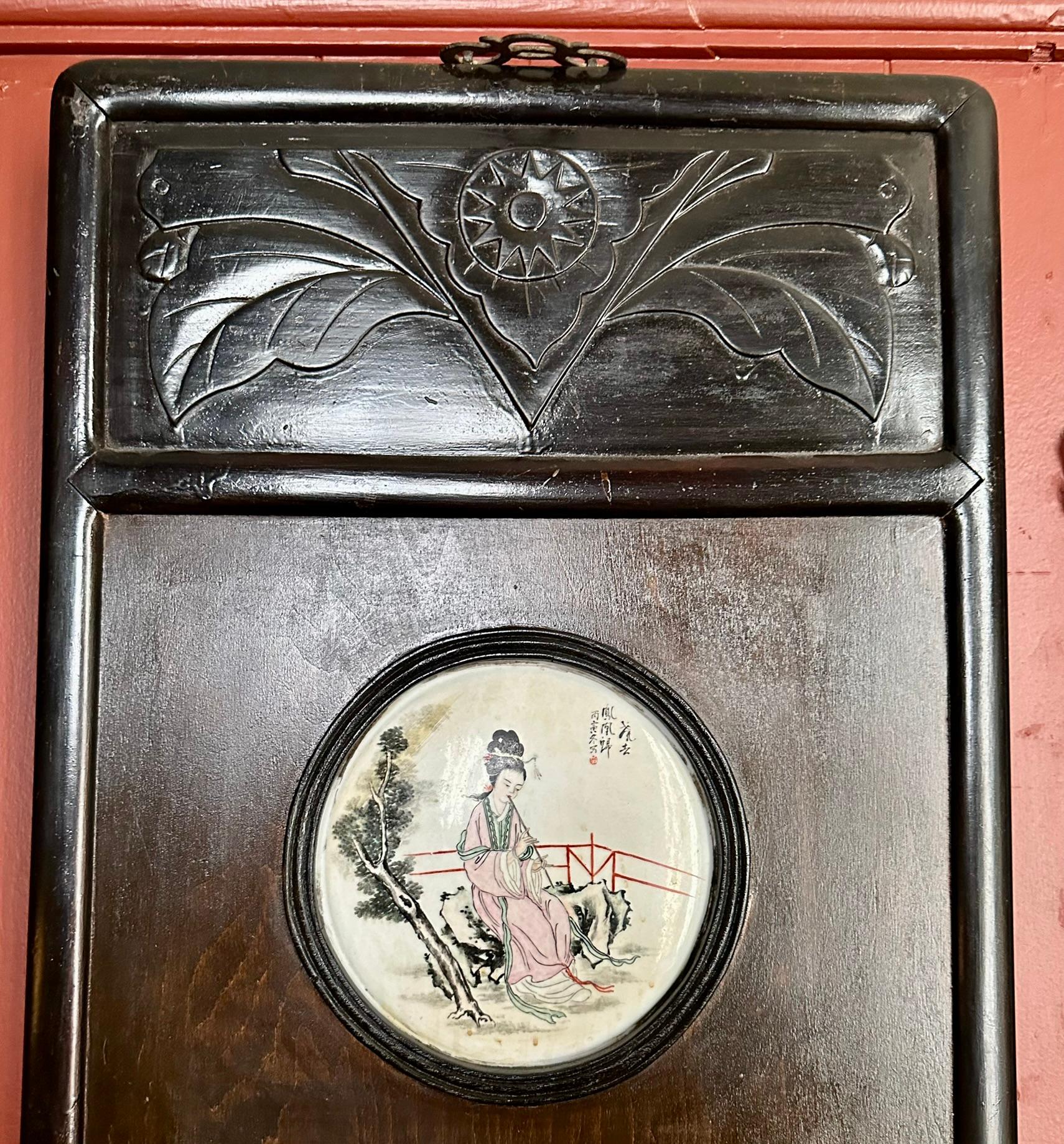 Pair Antique Chinese Porcelain Teakwood Plaques, Circa 1900. For Sale 4