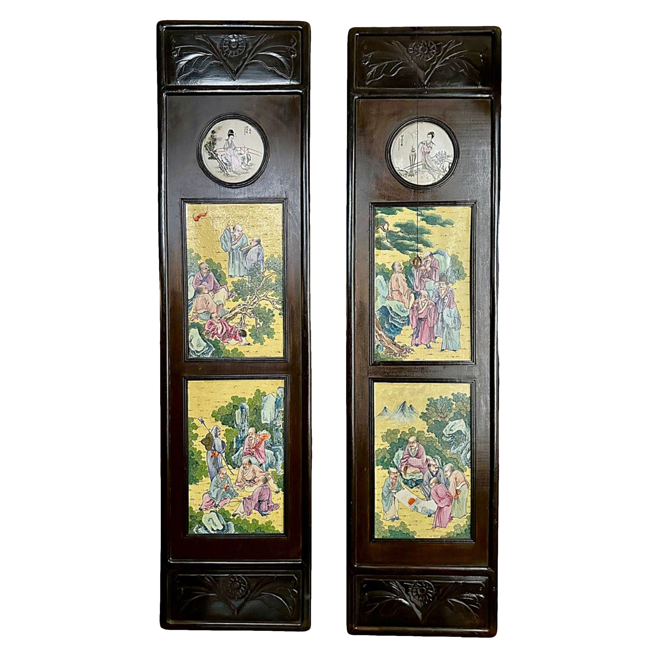 Pair Antique Chinese Porcelain Teakwood Plaques, Circa 1900. For Sale