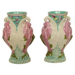 Pair Antique Chinese Qing Dynasty Wucai Glaze Porcelain Double Dragon Fish Vases